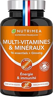 Multivitamines et Minéraux - 16 Vitamines & Minéraux + GINSENG - Vitamines A, B6, B9, B12, C, D3, E, Magnésium, Fer, Zinc & Calcium - Energie, Vitalité, Puissance - Fabrication Française - Nutrimea