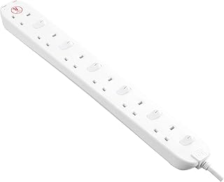 Masterplug Six Socket Power Surge Protected Extension Lead with Individual Switches, 2 Metres, 46 x 5.5 x 3 cm, White