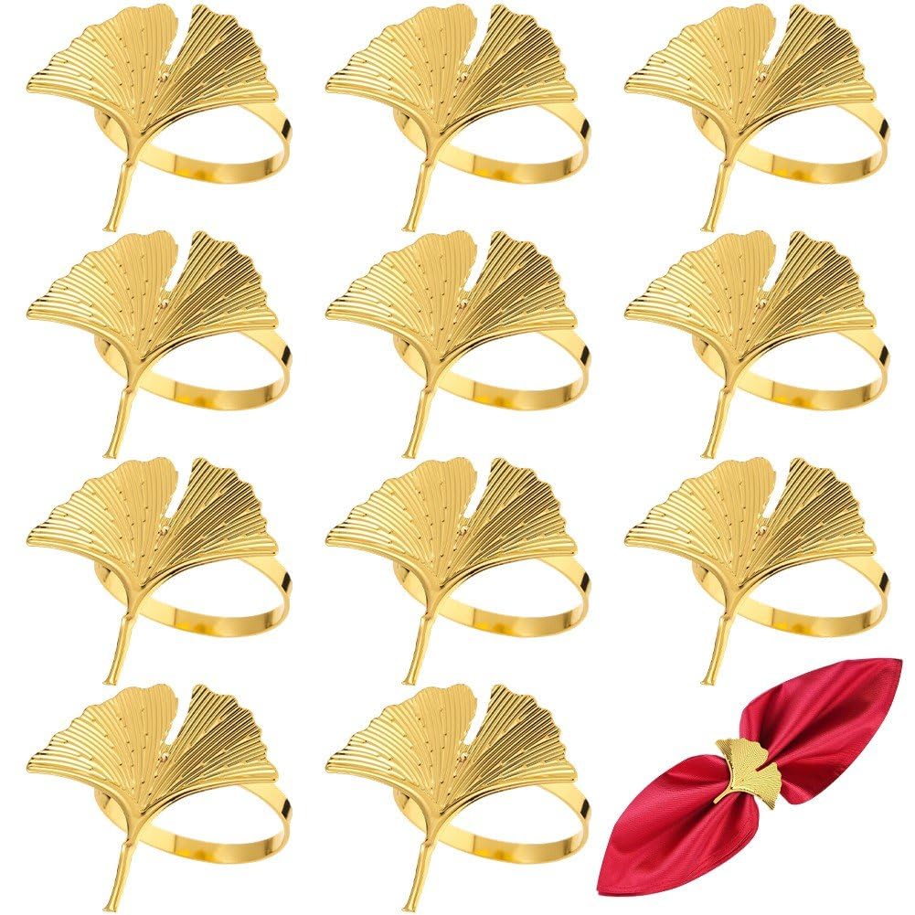 12pcs Ginkgo Napkin Buckle Metal Leaf Serviette Ring Dining Tableware Holder Buckle Table Decoration for Wedding Thanksgiving Anniversary