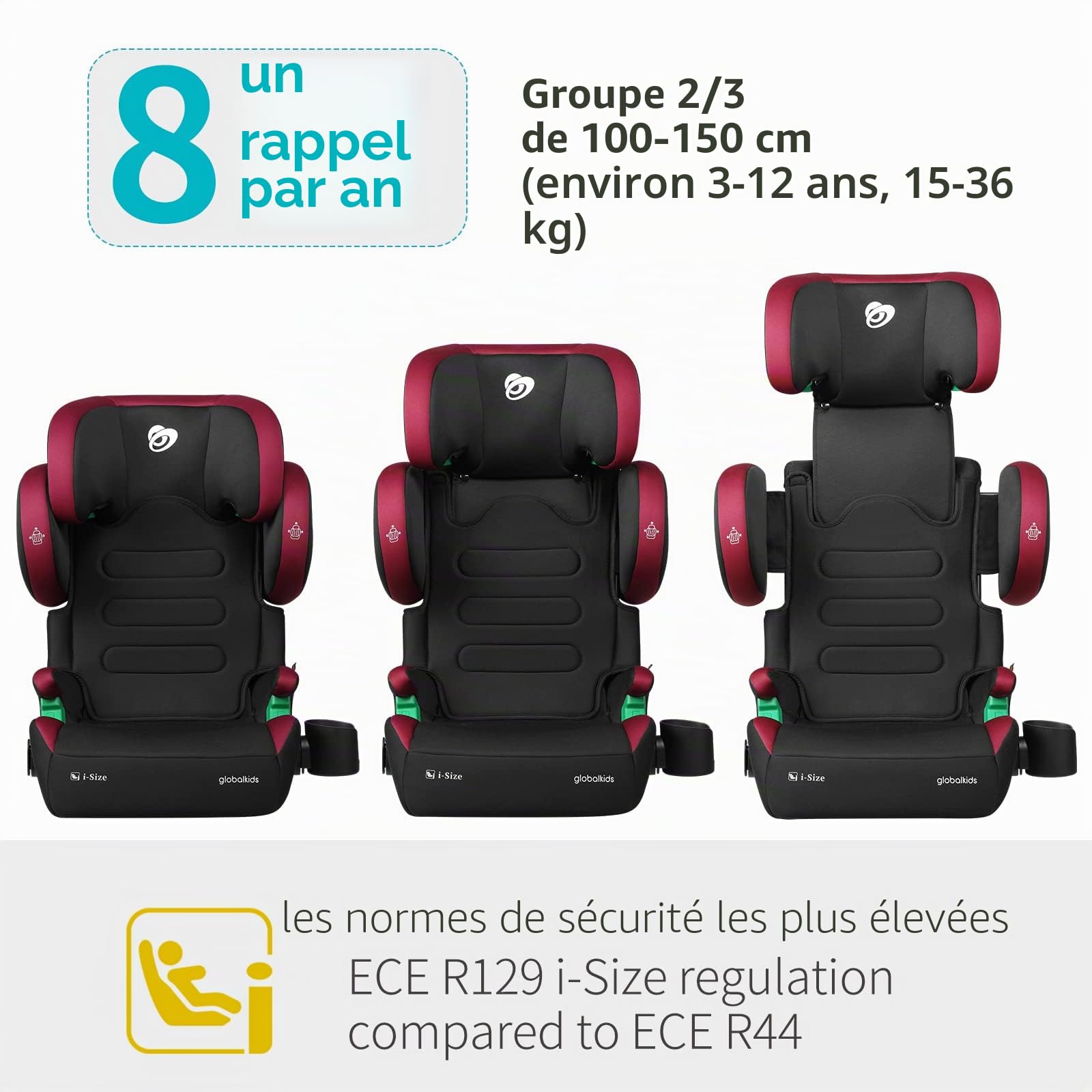 globalkids Siège auto pour enfant, de 15 à 36 kg, avec Isofix, rehausseur i-Size R129, d'environ 3,5 à 12 ans (100 à 150 cm), accoudoirs et appui-tête réglables en hauteur, léger, avec porte-gobelet