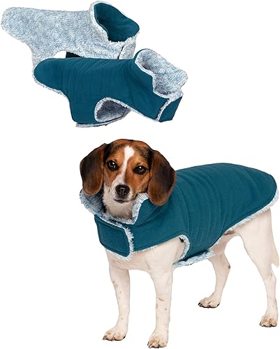 Furhaven Abrigo reversible para perro pequeño, lavable y aislante con acceso a la correa, chaqueta de piel sintética de dos tonos y forro polar
