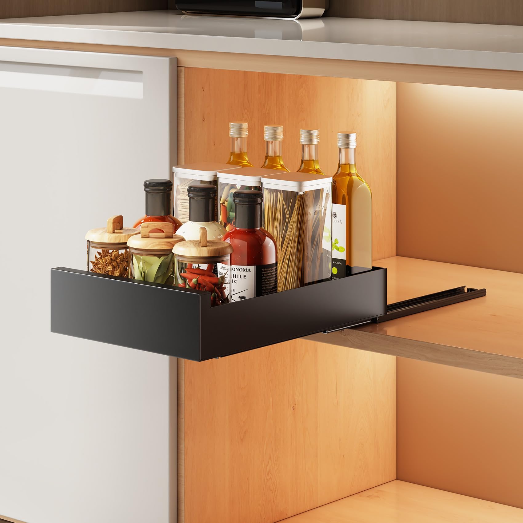 SAYZH Pull Out Drawers, Slide Out Drawer for for Kitchen Cupboard, Roll-Out Cabinet Storage Shelves Organizer Extendable Sliding Drawer, (25 CM W x 43 CM D x 9CM H)，No Need Drill and Nailing (Black)