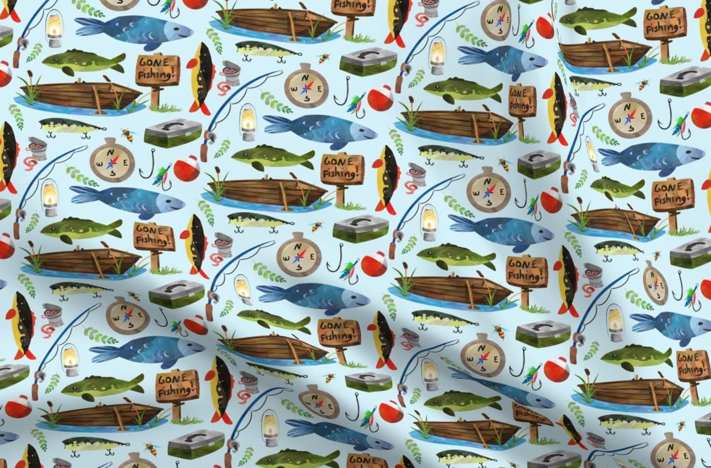 Spoonflower Fabric - Fishing Pale Blue Scale Boys Fish Summer Lake Outdoors Camping Printed on Polartec(R) Fleece Fabric by The Yard - Sewing Blankets Loungewear and No-Sew Projects