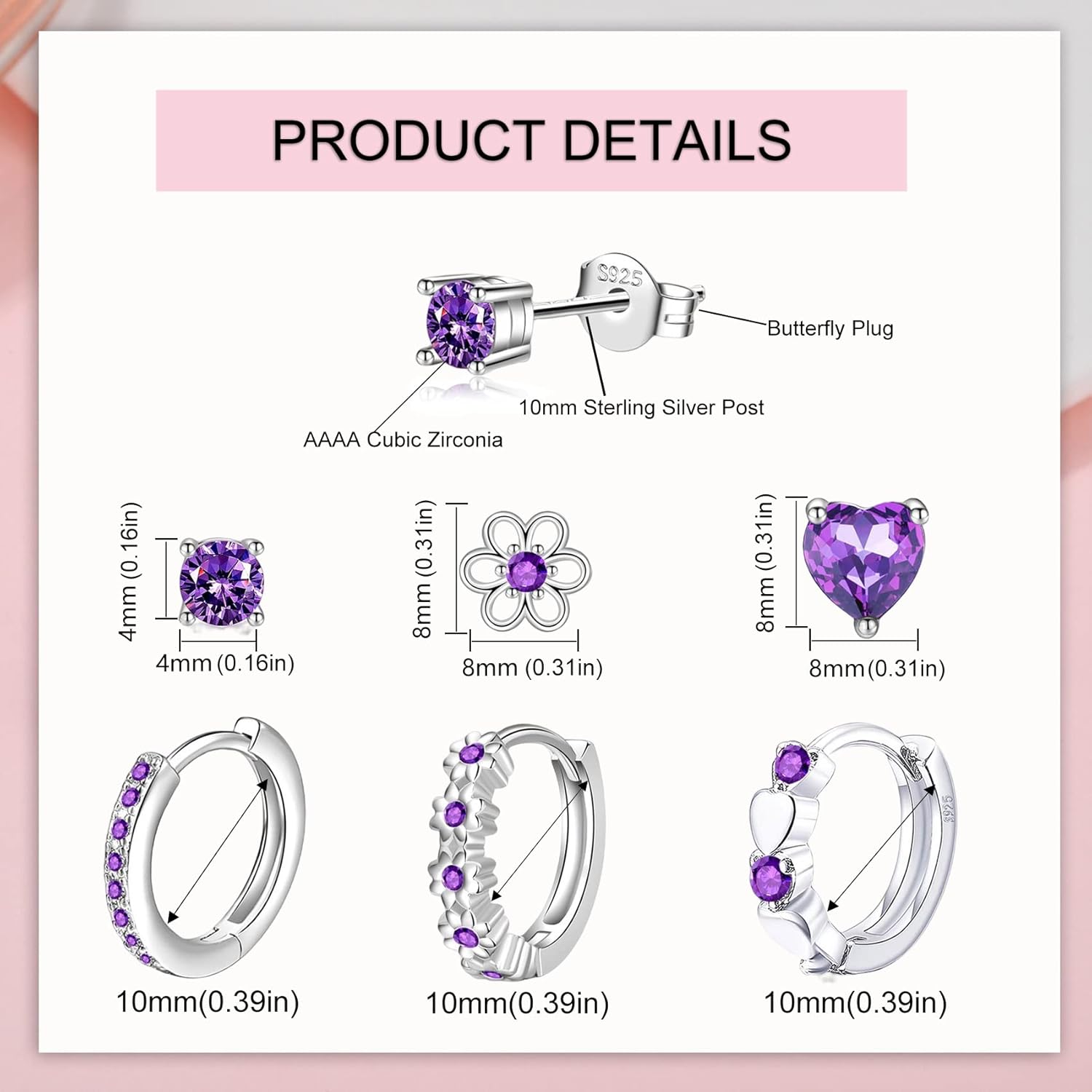 6 Pairs Huggie Hoop Earrings 925 Sterling Silver Stud Sets Cute Heart Hoops Tiny Cubic Zirconia Flower Stud Small Hypoallergenic Cartilage Sleeper Earrings - Image 5