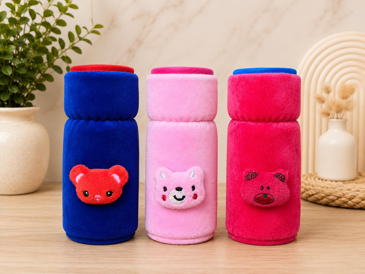 THE LITTLE LOOKERS Bottle Cover for Philips Avent/Wide Neck Feeders Soft Plush Stretchable Baby Feeding Bottle Cover with Easy to Hold Strap (Royal Blue, Light Pink & Pink, Wide Neck 240-330ml/8-11OZ)
