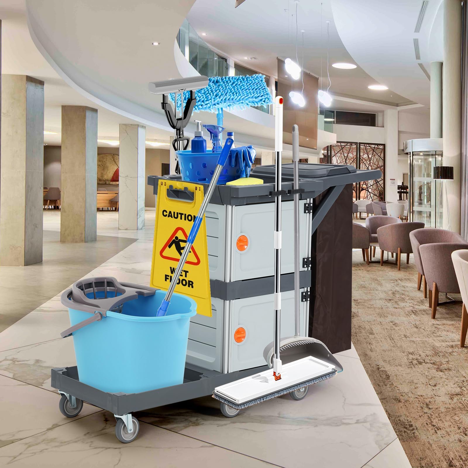 Chariot de Nettoyage Commercial, Chariot de Menage hospitalier Hotel avec 2 Armoires, 3 étagères avec 6 roulettes et Sac en Vinyle pour Bureau, Hôtel, Capacité de 300 LB