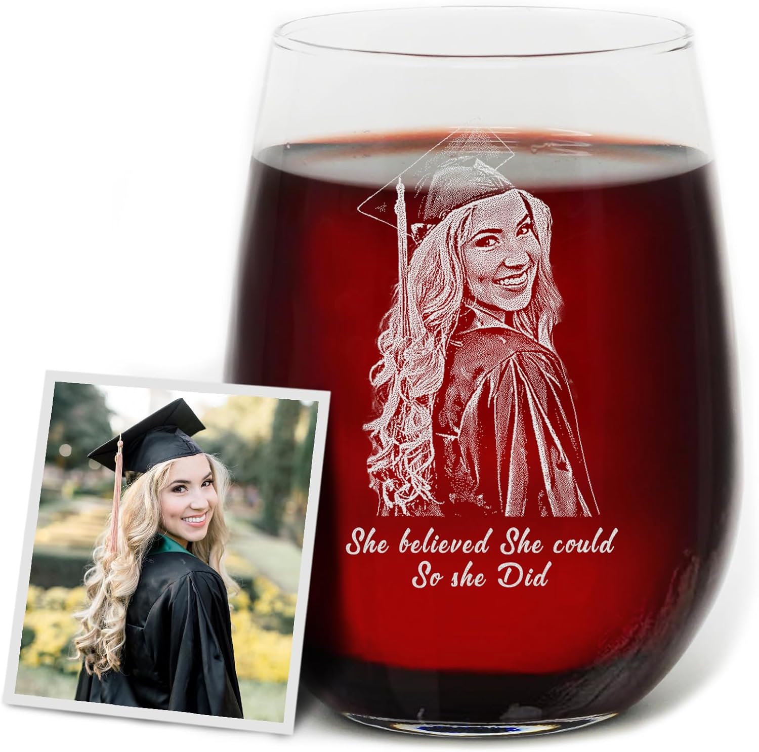 Graduation Gift for Her - Personalized Photo Stemless Wine Glass, 15 oz, Class of 2026 Engraved Grad Keepsake, Made in USA