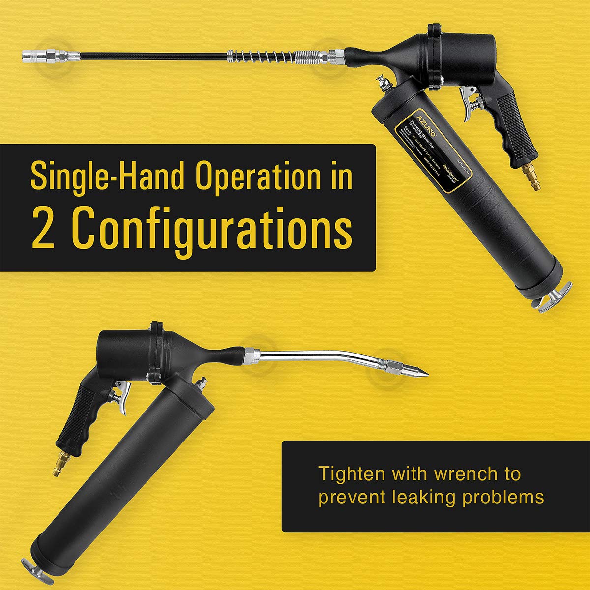 AZUNO Pneumatic Grease Gun in two configurations for single-hand operation