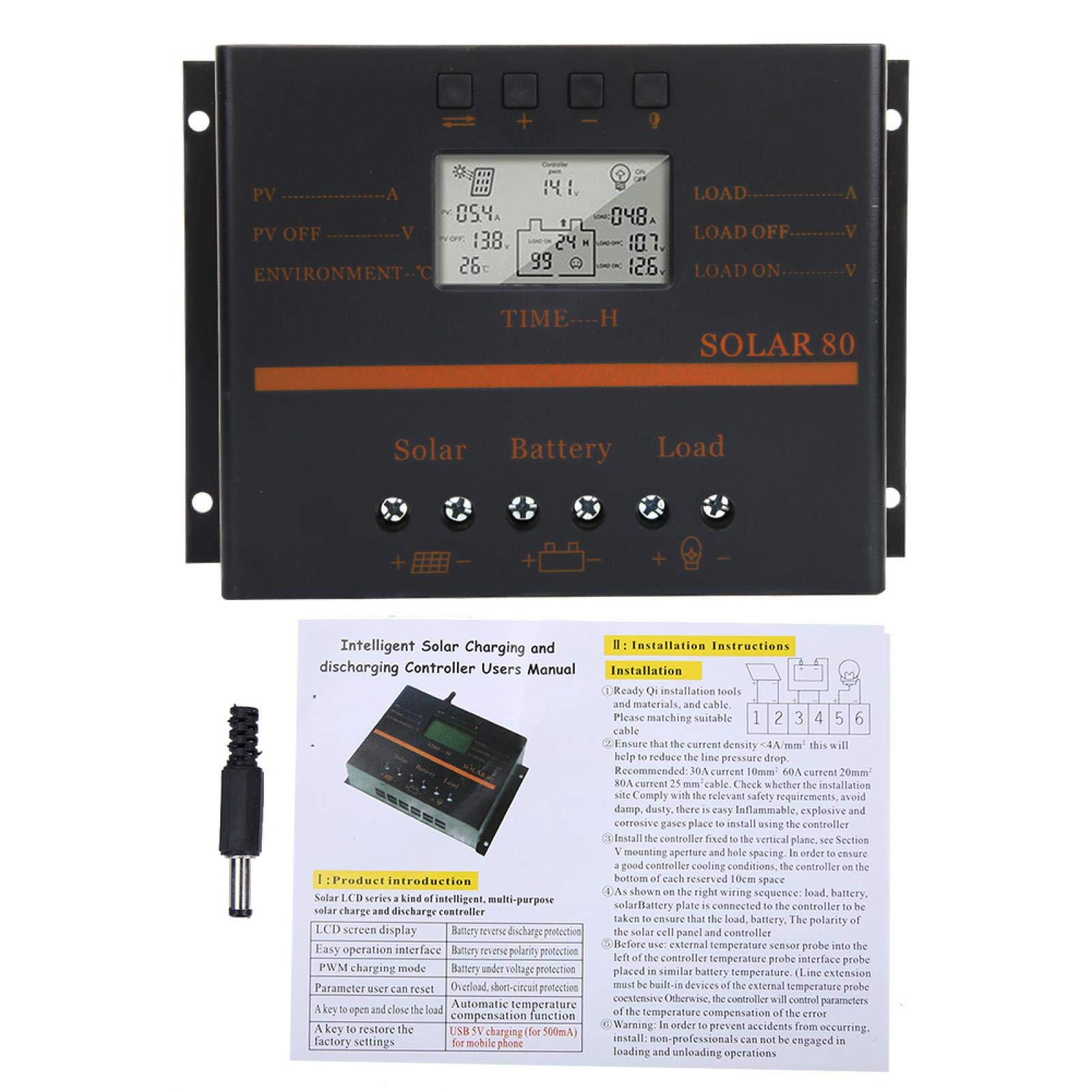 Controlador de carga, 12V 24V Auto 80A PWM Controlador de carga solar Panel solar Regulador de carga Pantalla LCD Solar