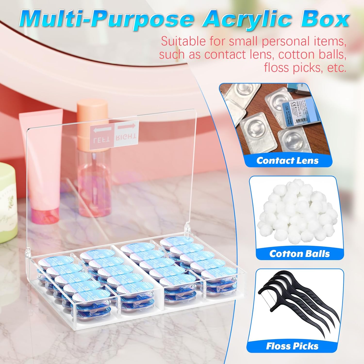 Beautyflier Colored Contact Lens Organizer Case, Hold 15 PCS Each Slot, Total 60 PCS(30 Pairs), Disposable Daily Contact Lenses Portable Storage Box with Labeled R&L, Fit All Brands, Large Capacity - Image 2