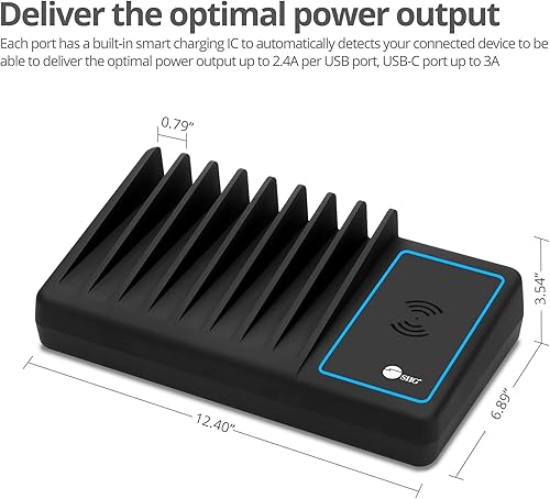 Miniatura 7 de SIIG Estación de carga USB de 10 puertos de 90 W con Qi inalámbrico y carga USB C, cubierta de luz ambiental compatible con iPhone, iPad, Samsung