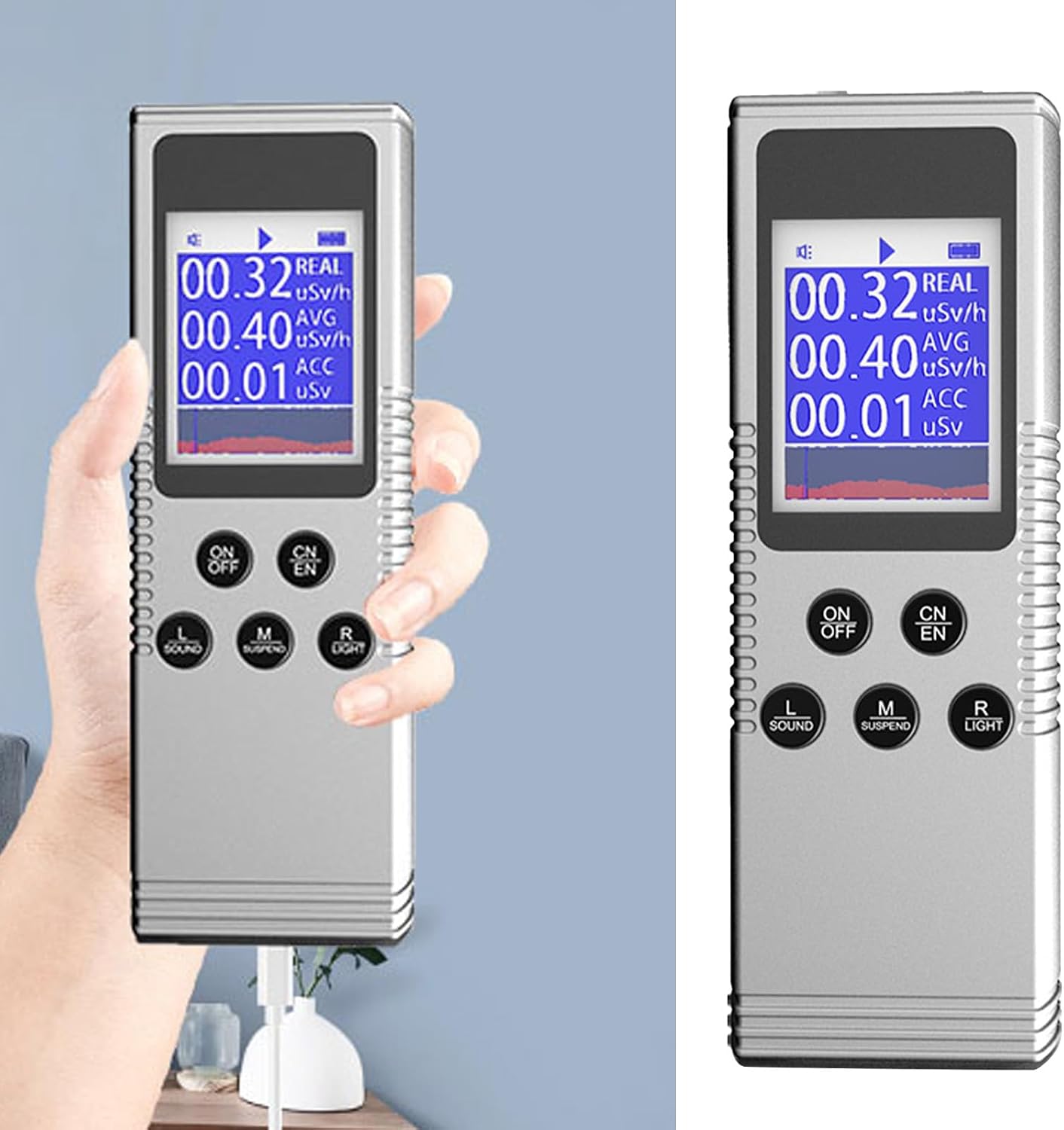 Digital Radiation Counter Nuclear Radiation Detector Monitor β γ X Pen Clip Dosimeter with Sound Light Alarm 5V 1A for Home Decoration (Silver White)