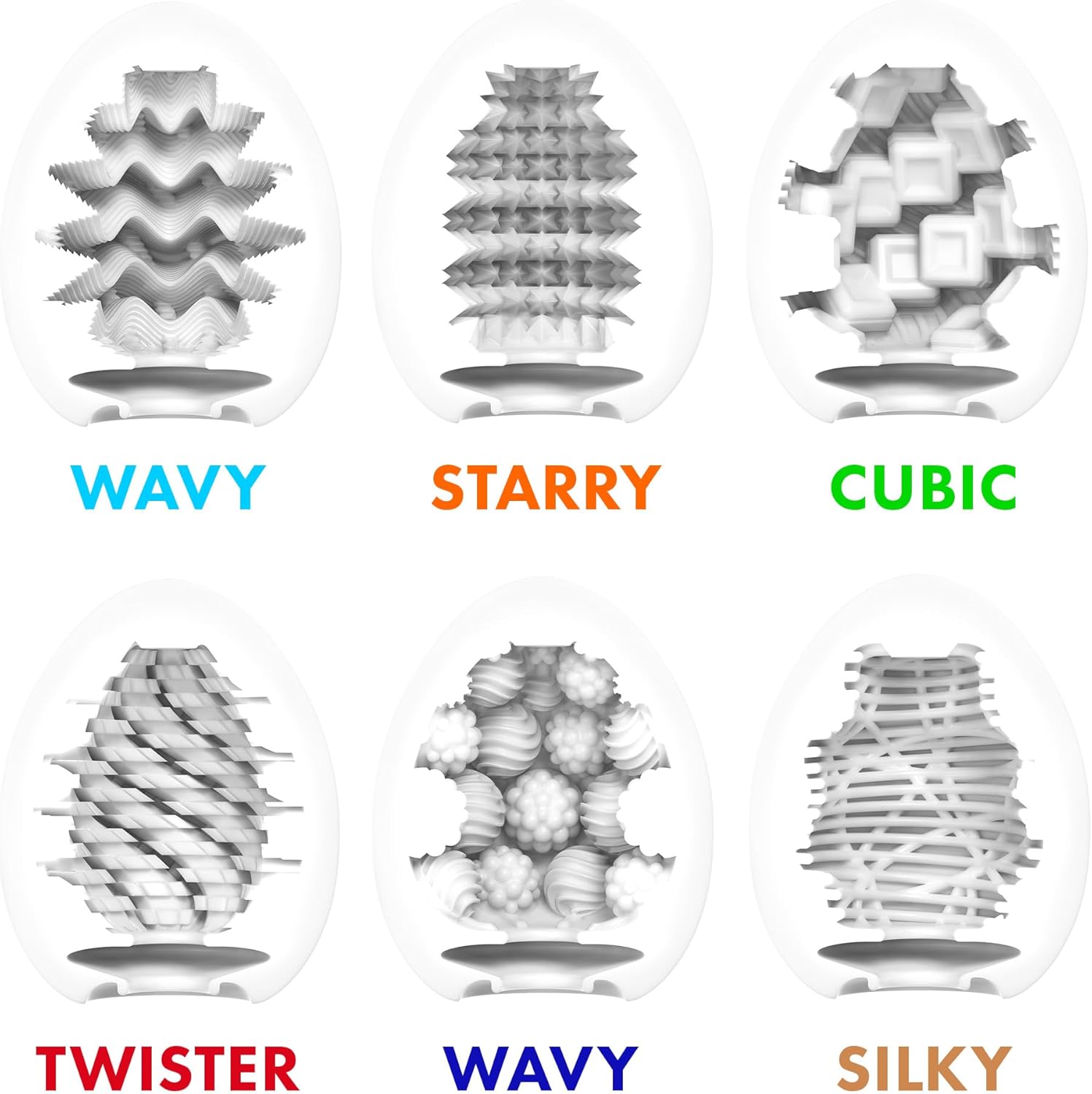 Internal textures of TENGA Eggs: Wavy, Starry, Cubic, Twister, Bouncy, Silky