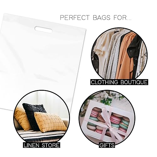 Miniatura 4 de Purple Q Crafts Bolsa de plástico con asa troquelada de 15 x 18 pulgadas, bolsas de plástico blanco para mercancía, paquete de 100 unidades para