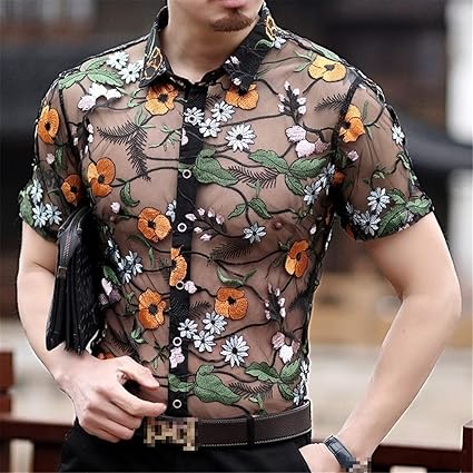 DSDFSVEW Flower Lace Shirt Embroidery See Through Shirt Men Luxe DSDFSVEW Flower Lace Shirt Embroidery See Through Shirt Men Luxe