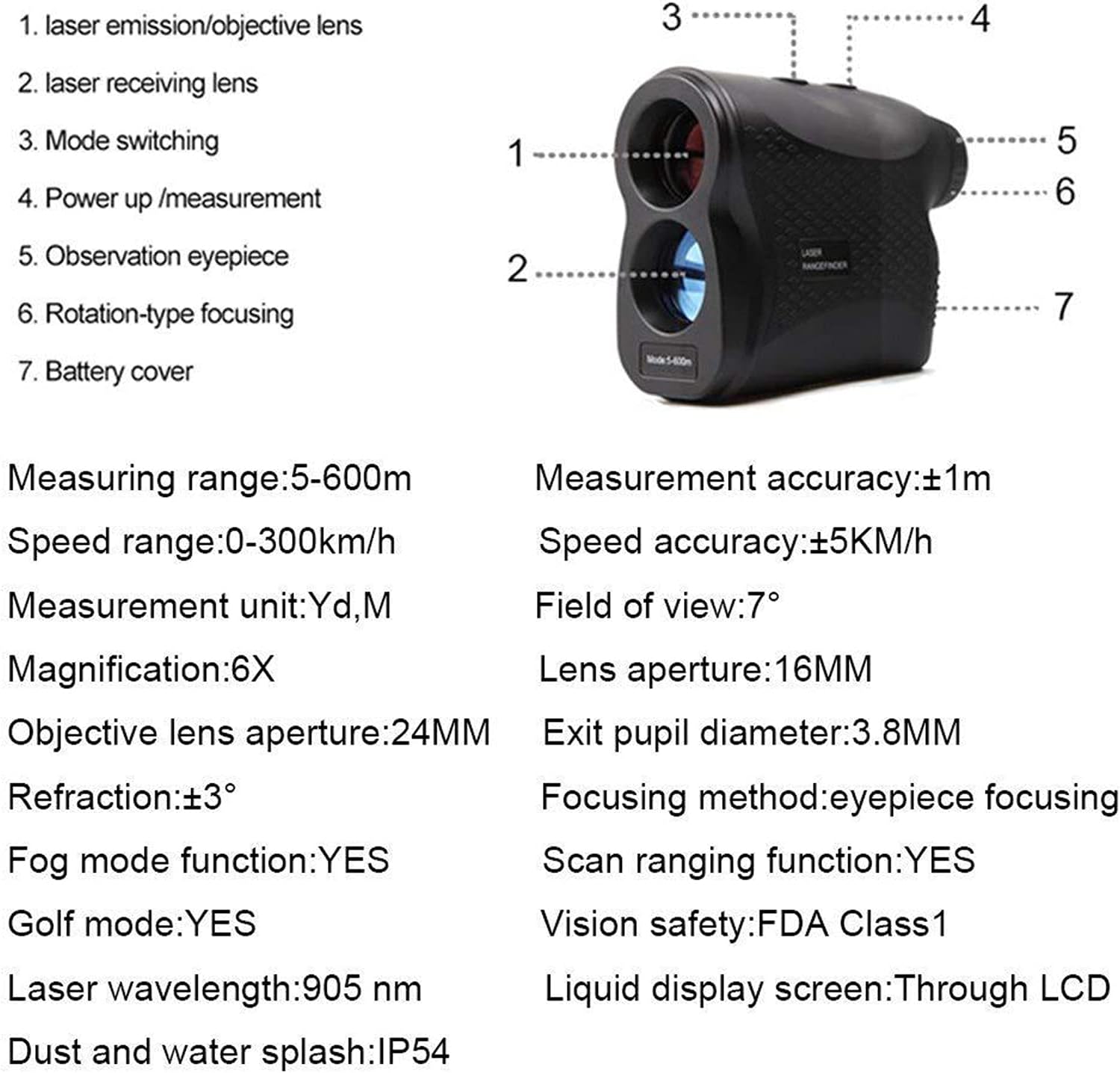 Golf Rangefinder Hunting Range Finder 600M Golf Ballistic Correction Waterproof 6X Magnification for Golf Rangefinders