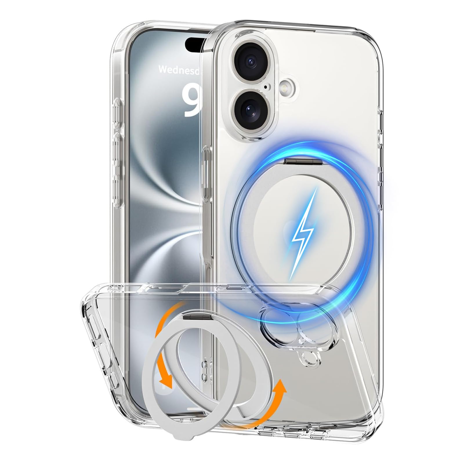 COOLQO for iPhone 16 Plus Case, Compatible with MagSafe, 360° Magnetic Ring Holder Silver Stand