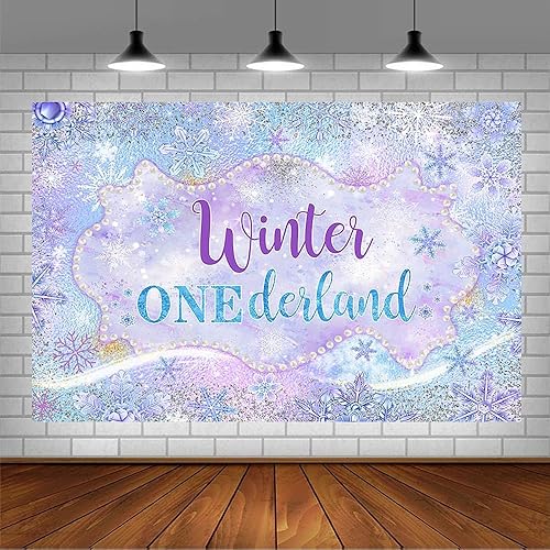 Miniatura 3 de Telón de fondo de invierno de 7 x 5 pies para niñas, diseño de copos de nieve, feliz primer cumpleaños, decoración de fiesta de primer cumpleaños,