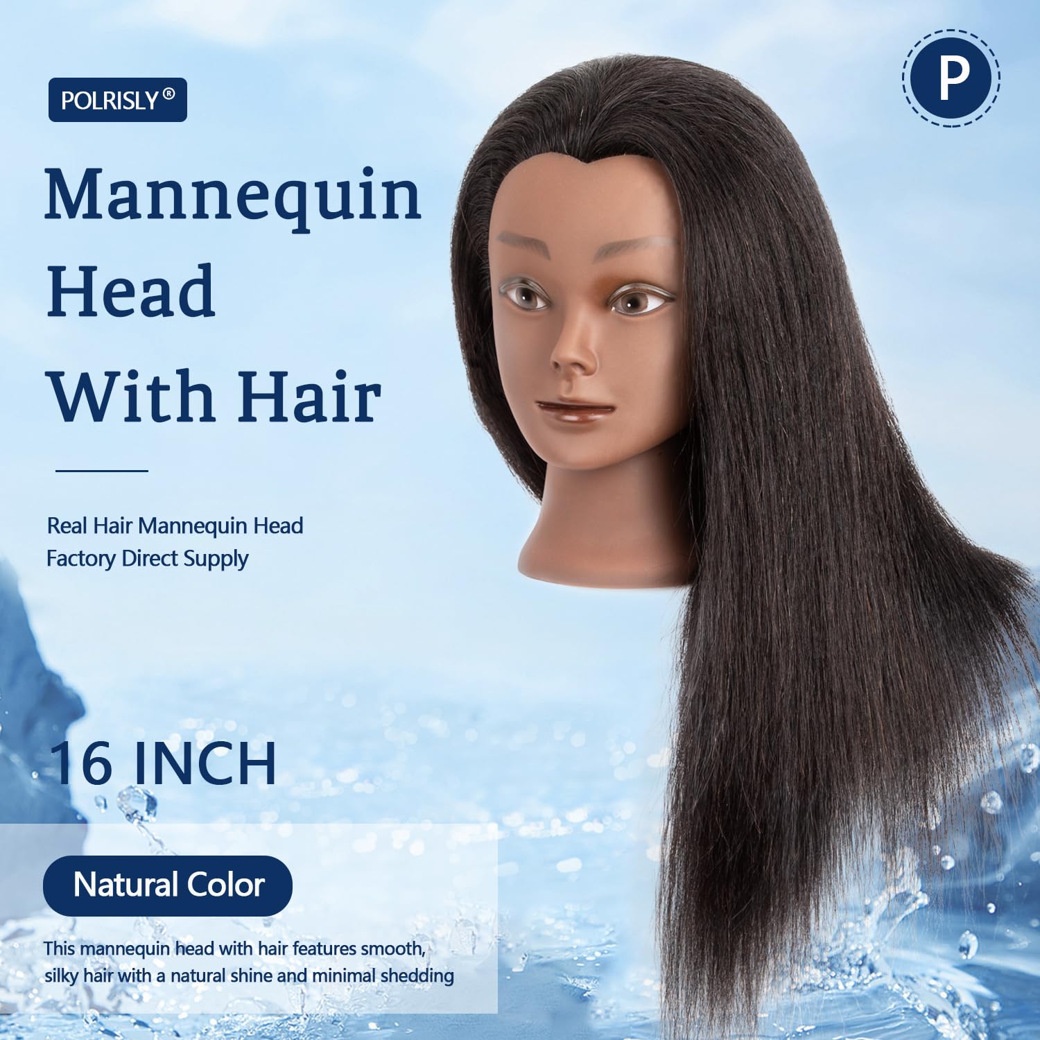 Mannequin Head 100% Real Hair 16", Human Hair-Like Texture, Cosmetology Head Doll for Hair Styling, Braiding, Curling, Straightening