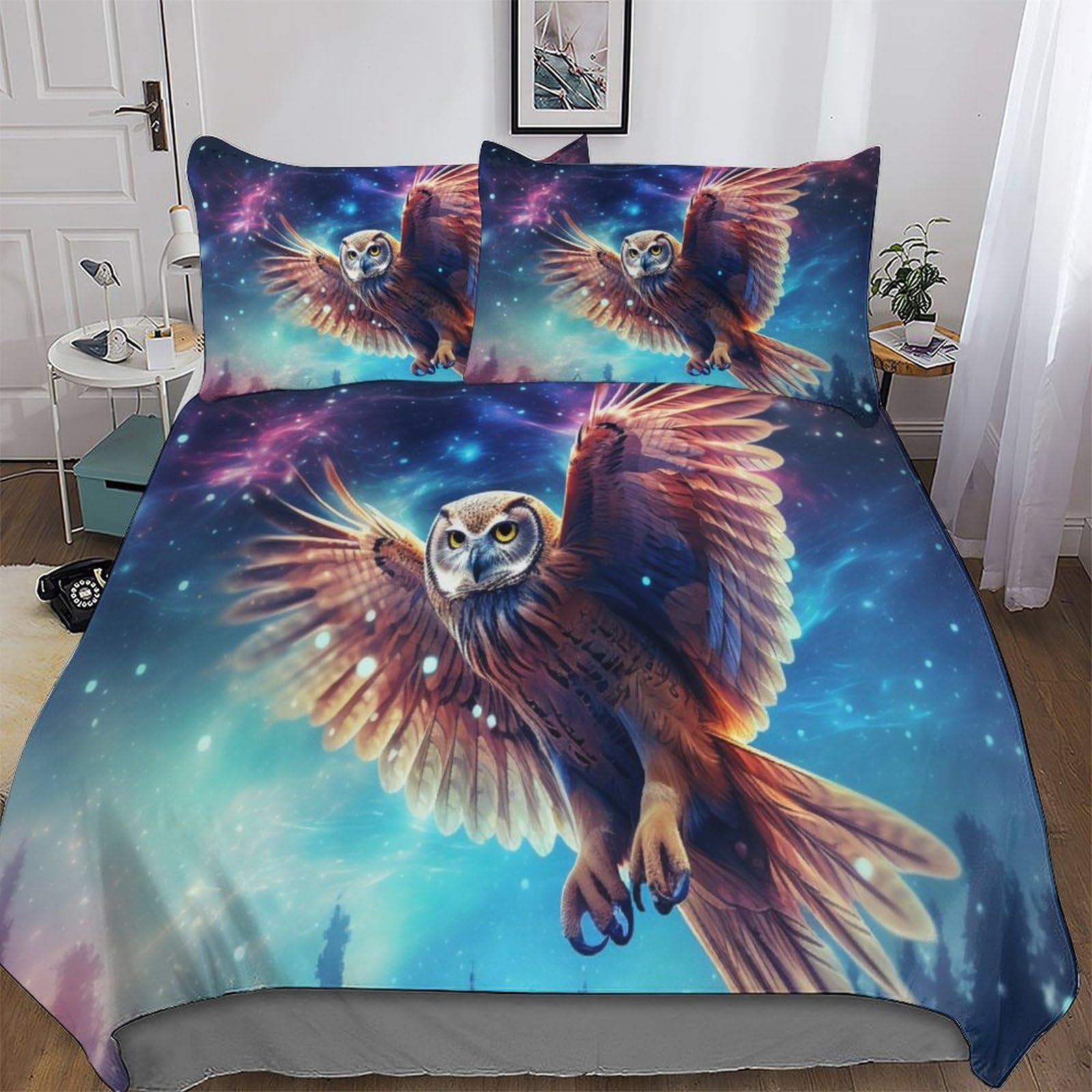 Housse de couette hibou 220x240 cm parure de lit microfibre avec taies d'oreiller