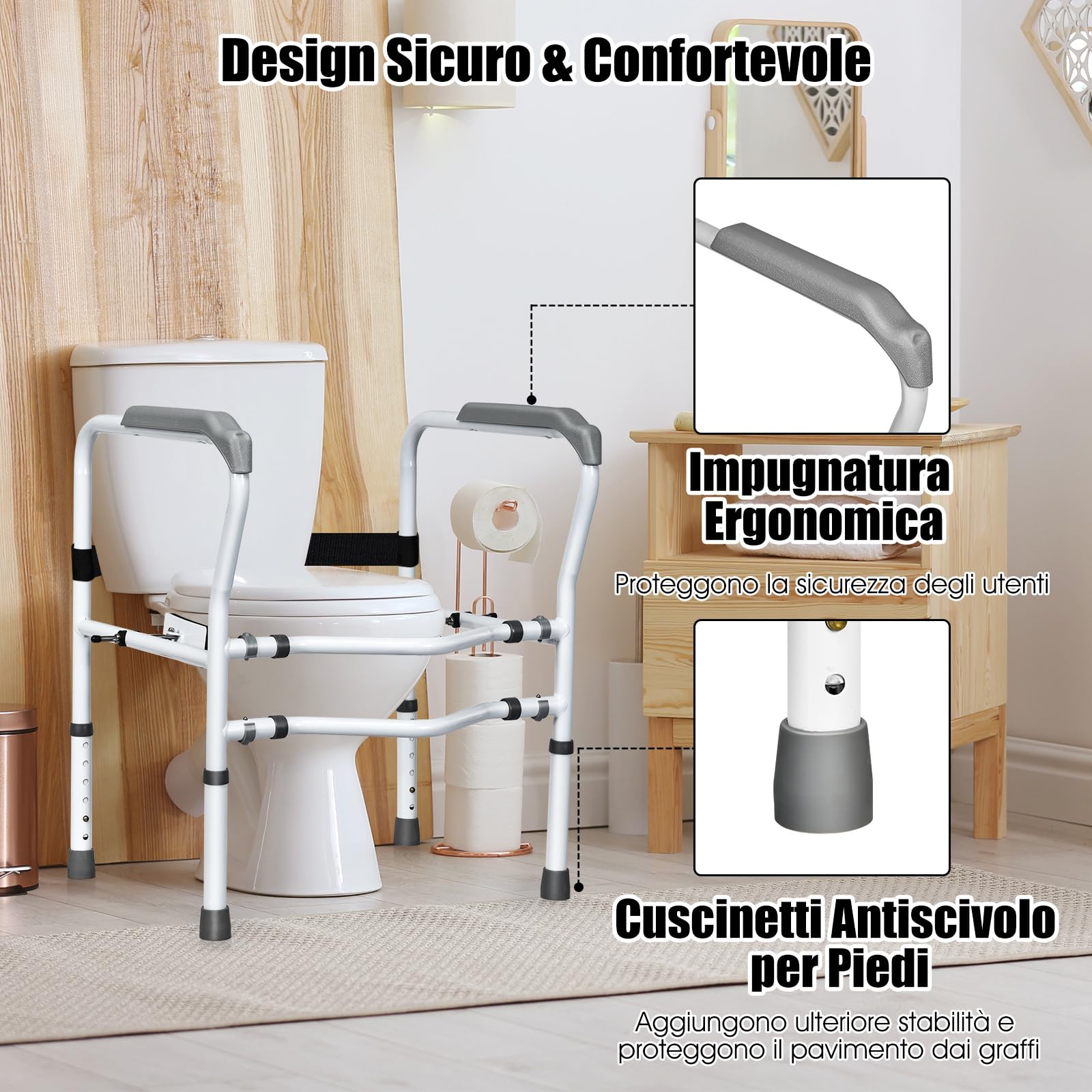 COSTWAY Supporto per WC, Supporto per WC con Altezza e Larghezza Regolabili e Dispositivi di Fissaggio Girevoli a 360°, Supporto per Bagno per Anziani Disabili