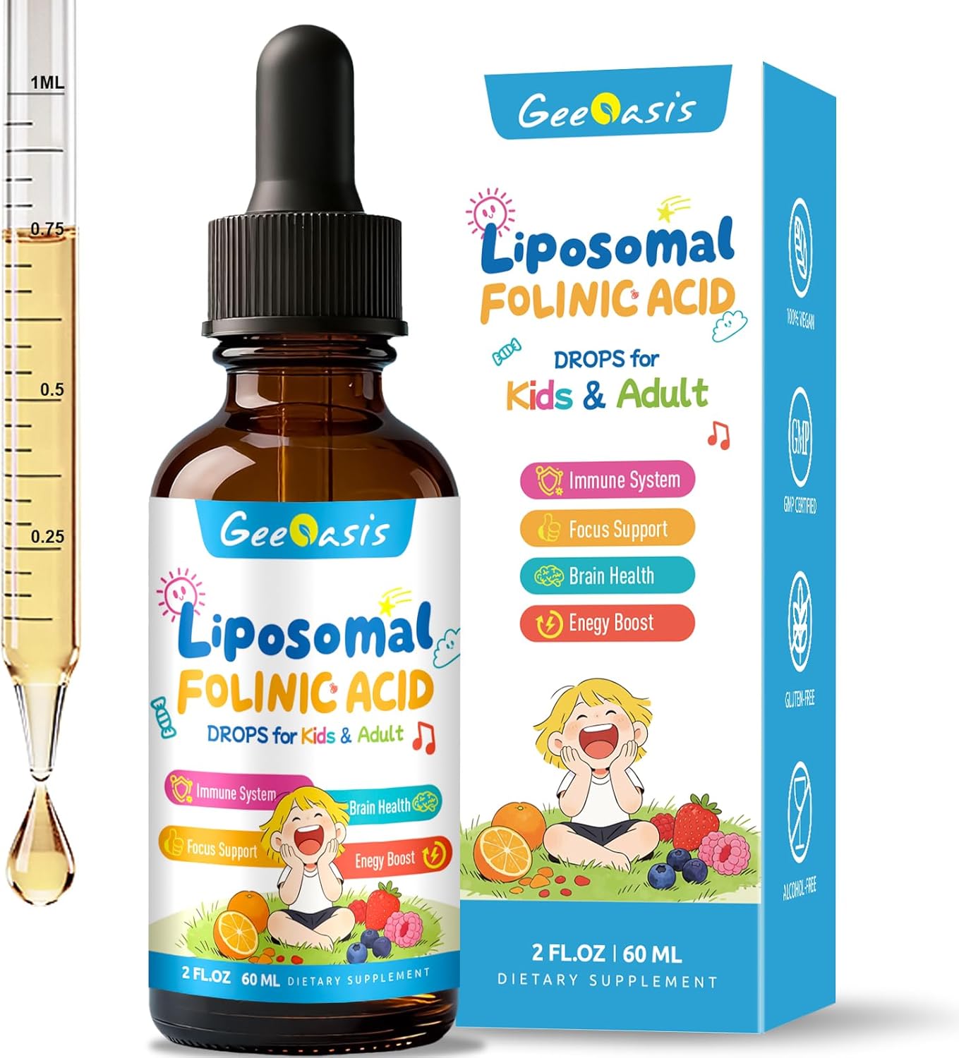 Liquid Folinic Acid & Methylfolate Drops for Kids, Folic Acid Supplement with Methylated B12 for Women, with Zinc Citrate, Vitamin B6 & C, Support for Brain, Focus & Cellular Health, MTHF, 2 Fl Oz