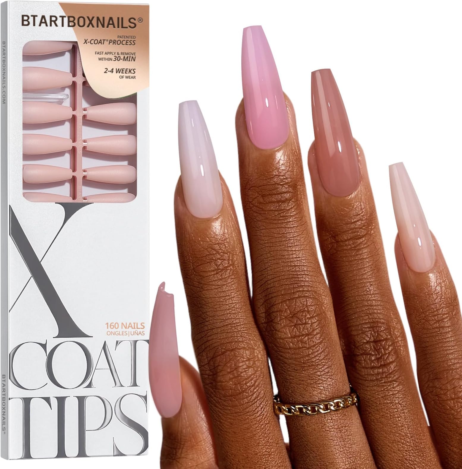 XCOATTIPS Bare 5-Shades Nude Press on Nails - 4-Week Wear Extra Long Coffin Press on Nails, Easy to Apply, Soak Off, Salon Quality Value at Home, 16 Sizes - 160 Fake Nails