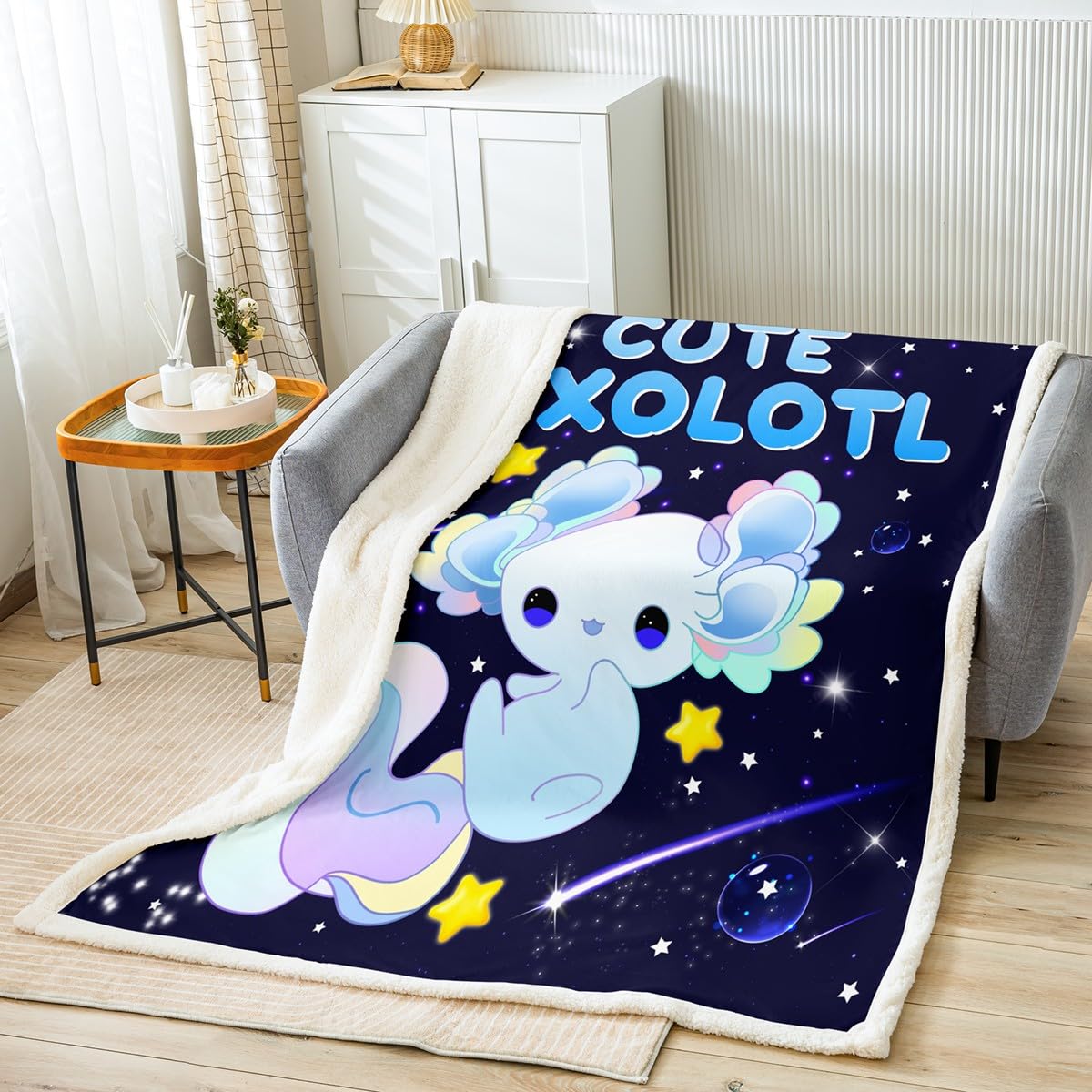 Homemissing Multicolored 13231 Galaxy Axolotl Sherpa Blanket Cute Axolotl Plush Blanket For Kids Cartoon Salamander Fleece Throw Blanket Blue Axolotl Fuzzy Blanket Sealife Room Decor Single 50X60 Inch