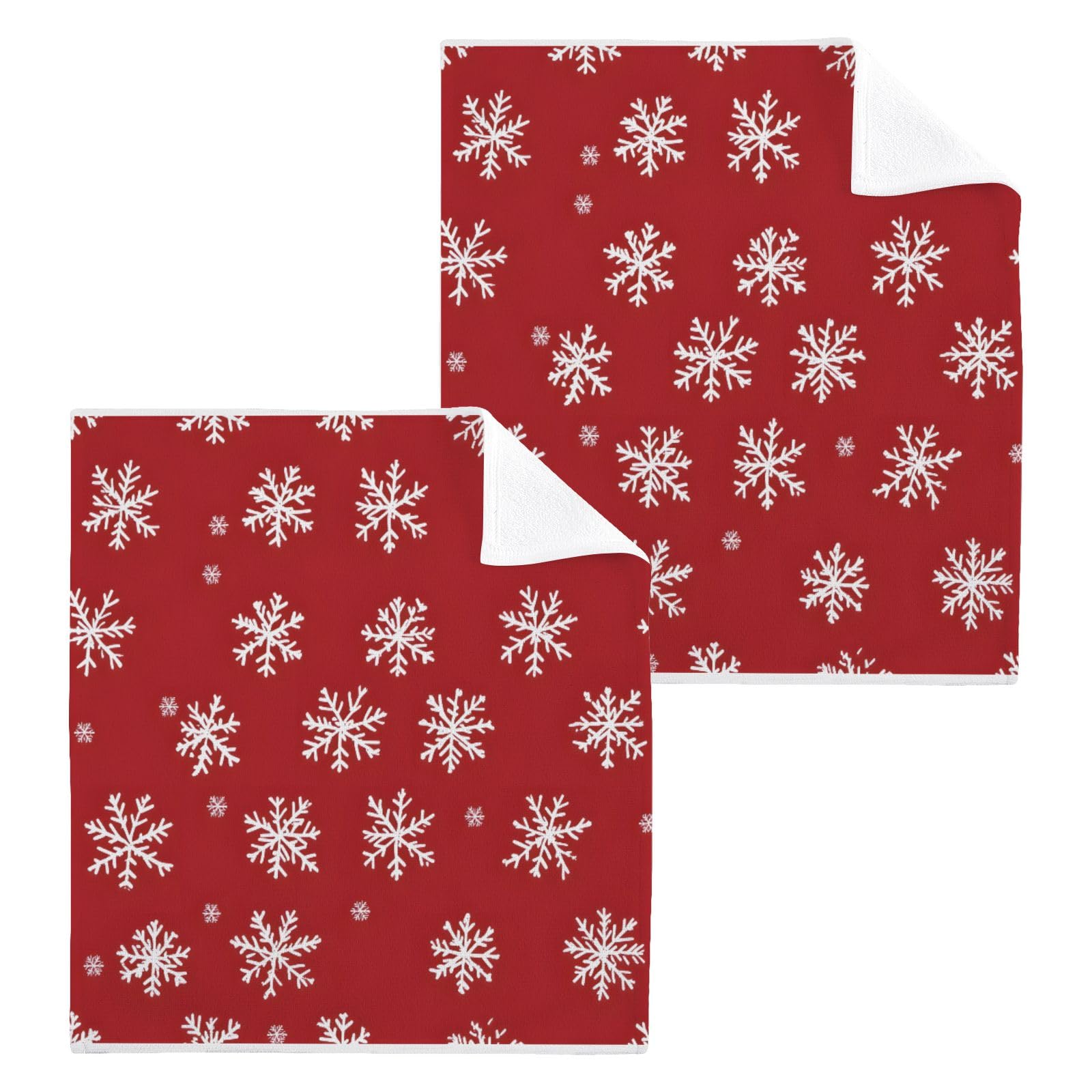 ALAZA Wash Cloth Set 100% Cotton Fingertip Towels Face Cloths Sets White Snowflakes Red Highly Absorbent Soft Feel Set of 2