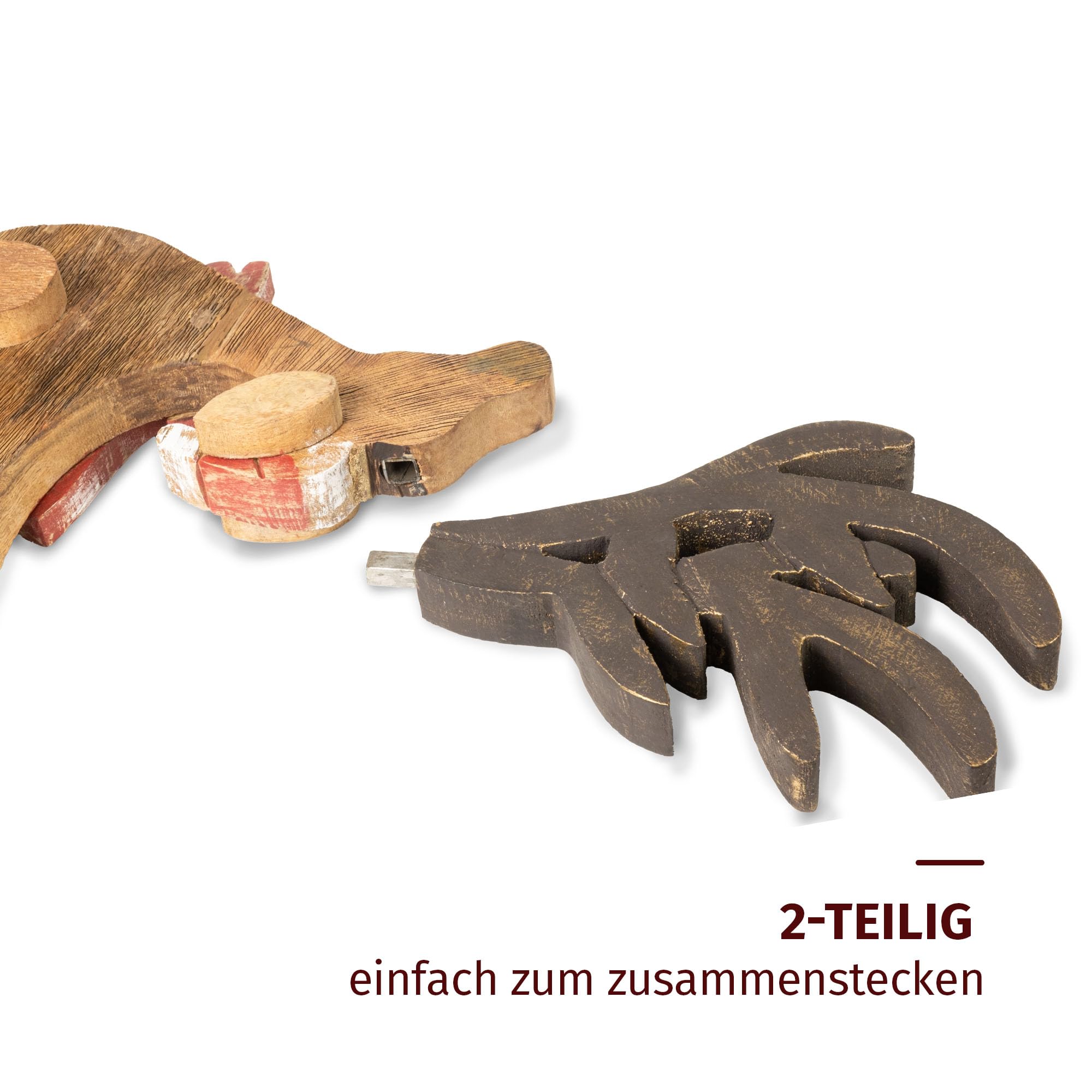 Moritz Décoration de Noël - Figurine de renne en bois de manguier - 55,5 cm - Fabriquée à la main - Avec écharpe rouge et bonnet de Noël - Décoration d'hiver pour salon, rebord de fenêtre ou cheminée