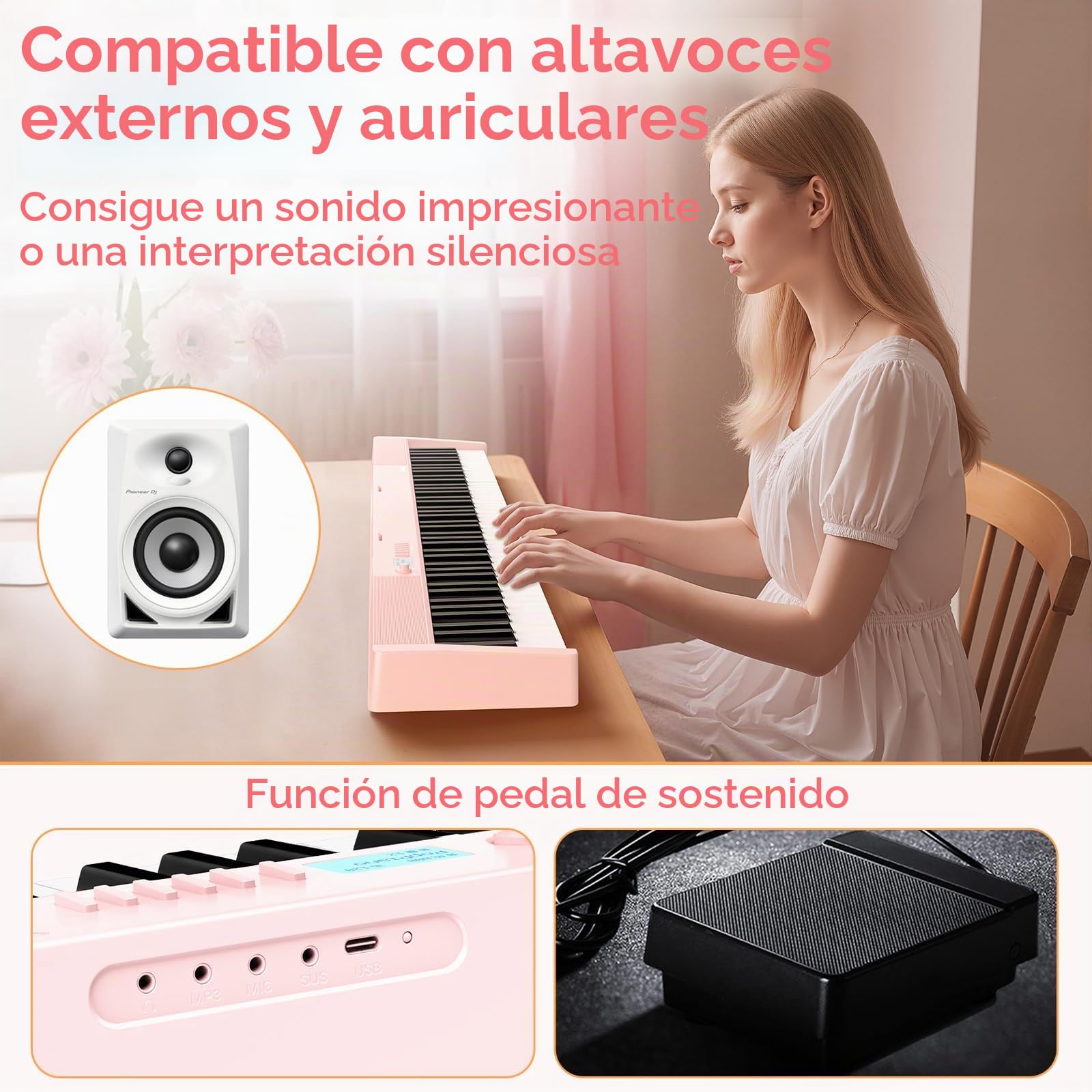 TERENCE Piano digital para adultos, instrumento musical con 88 teclas ponderadas, batería de 1800 mAh, 2 altavoces de 25 W, piano plegable, portátil, compatible con Bluetooth e interfaces MIDI,Rosa
