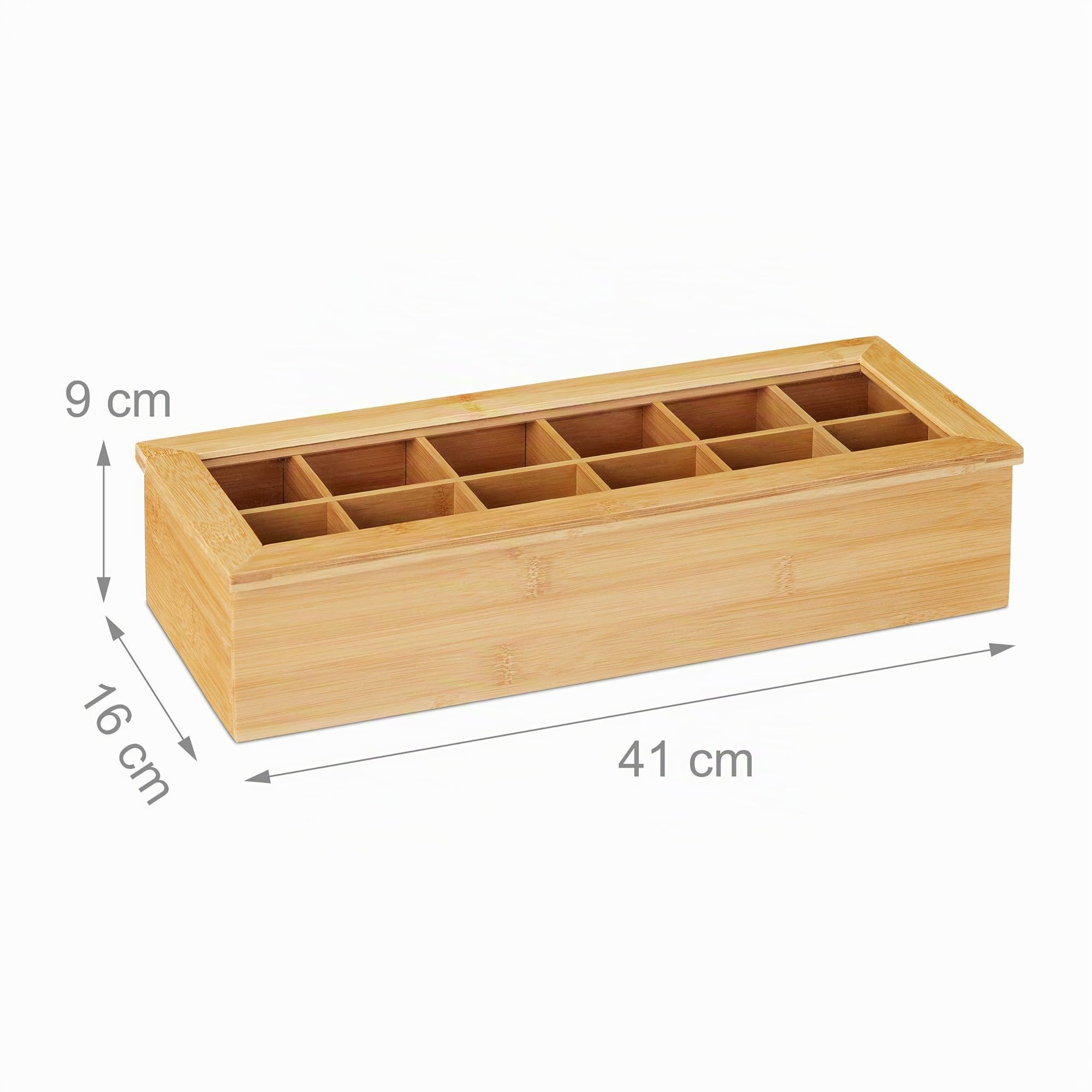 Relaxdays Caja Té, Bambú, 12 Compartimentos, Cajita Infusiones con Ventana, Organizador Bolsas Té 9x41x16 cm, Natural