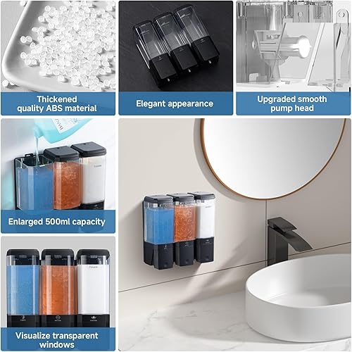 Miniatura 5 de Dispensador de champú y acondicionador montado en la pared, dispensador de jabón de ducha, sin taladro, fácil instalación, dispensador de champú