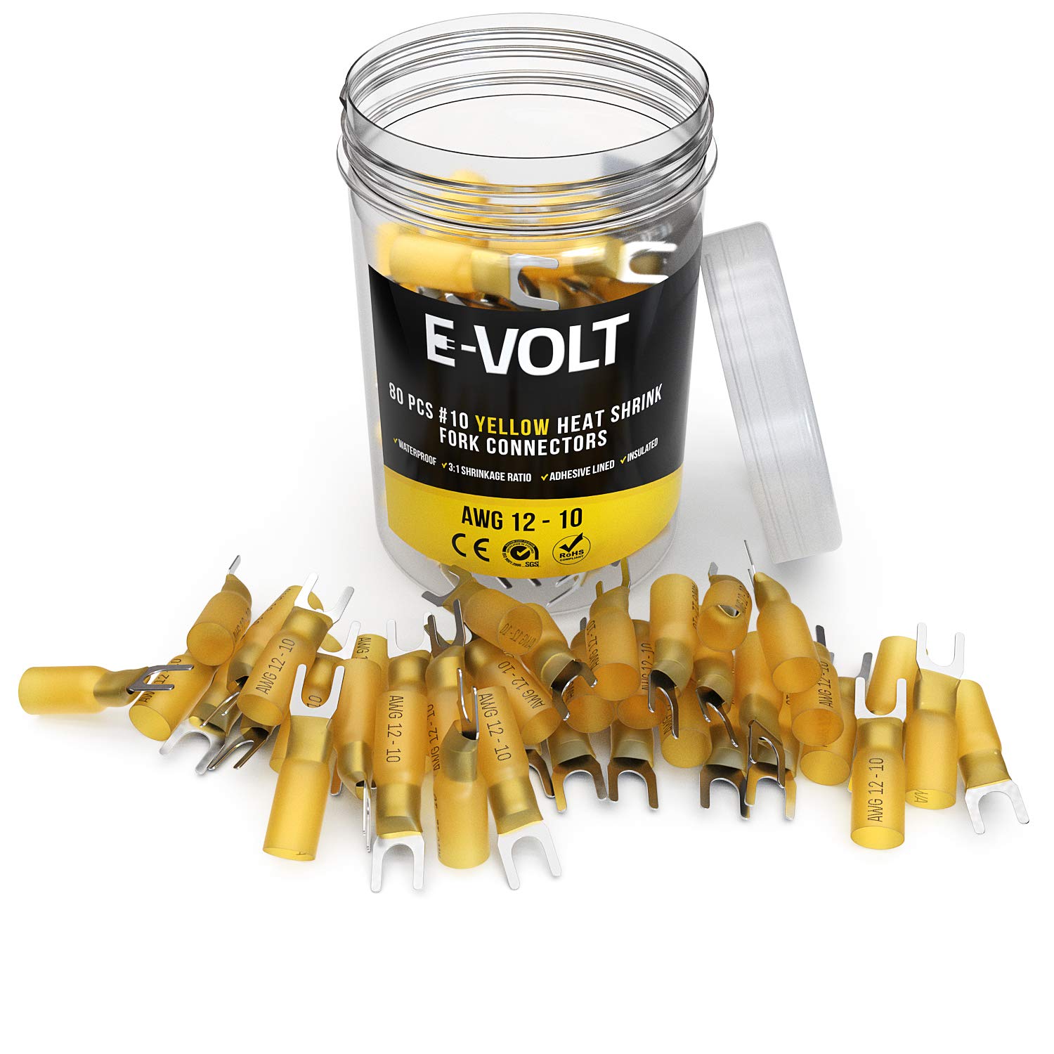 E-VOLT 80 PC Yellow # 10 Heat Shrink Fork Crimp Connectors: 12-10 Gauge Bulk Waterproof Electrical Terminals - Insulated AWG Automotive, Marine, Audio, and Industrial Grade with Adhesive