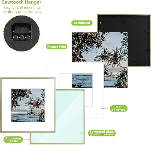 Vista 63 de Golden State Art - Marco de fotos de aluminio satinado clásico de 8 x 10 con alfombrilla de color marfil para fotos de 5 x 7 y cristal real, Dorado