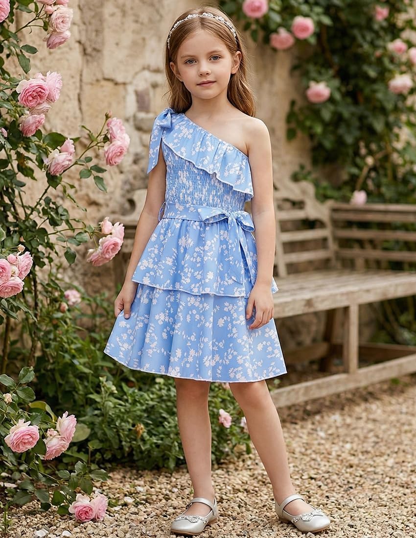 GRACE KARIN Girls Summer Spring Dress Kids One Shoulder Floral Dresses Teen Cute Party Flower 2 Layer Hawaiian Clothes 6-14 - Image 2