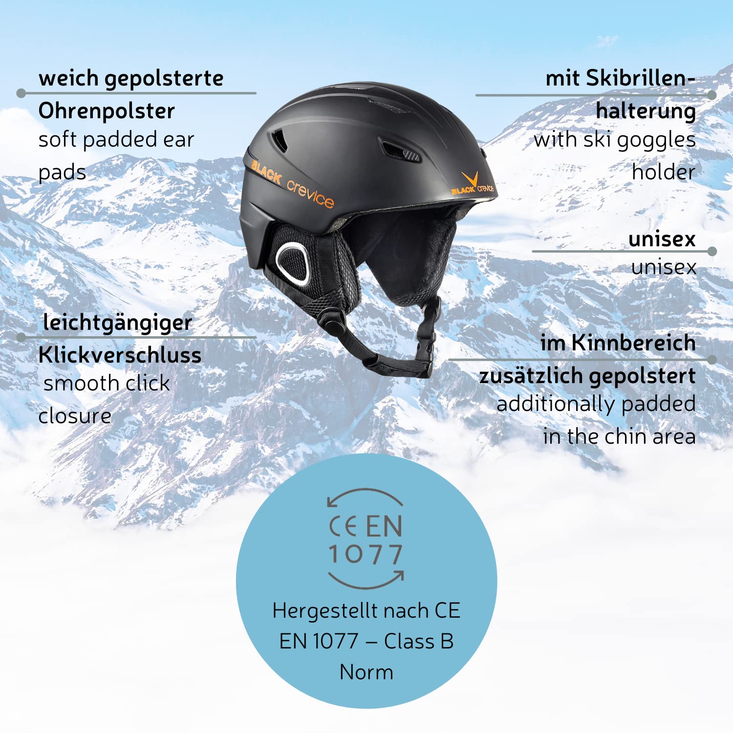 BLACK CREVICE Kitzbühel Casco da sci I Casco da sci design sportivo in diversi colori I Casco da sci uomo & donna I Casco in policarbonato I Casco da sci traspirante (L, nero/arancia)