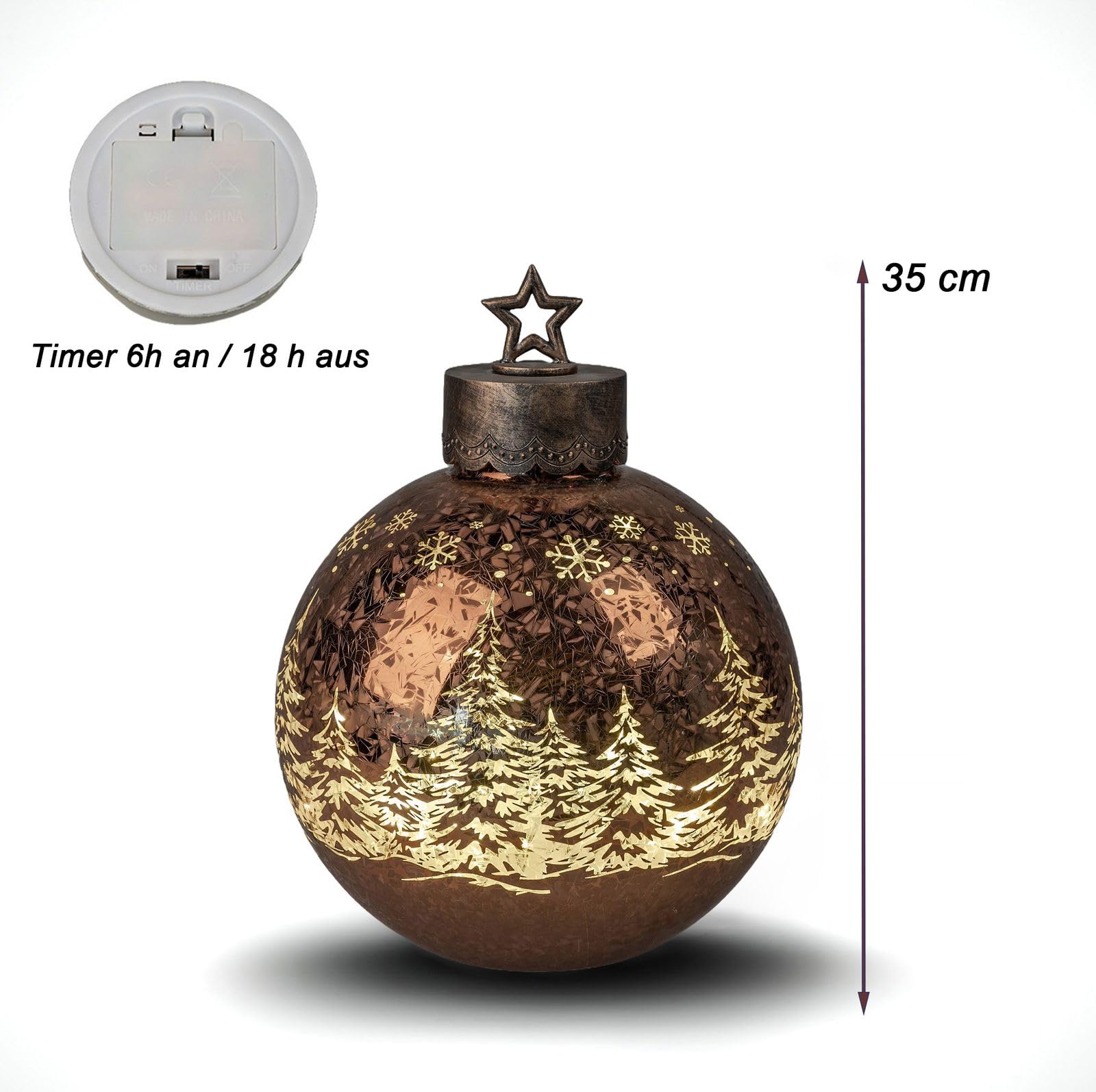 formano Dekoracyjna kula Frosty brązowa, 35 cm z timerem LED, podświetlana, szklana kula – dekoracja bożonarodzeniowa, regał na stół, 6 h/18 h, timer