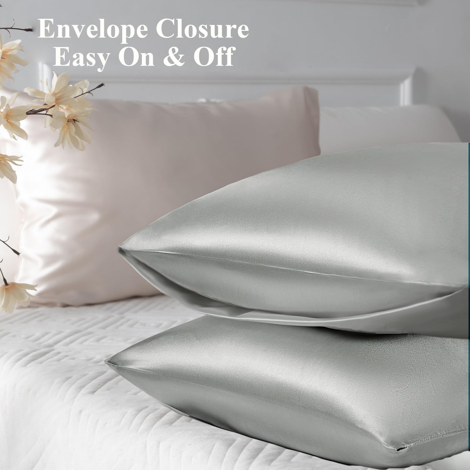 Vielit 2 Pack Satin Pillowcase for Hair and Skin Cooling,Soft as Silk Pillowcase for Hair and Skin,Easier Care than Silk Pillow Case Light Grey 50x75cm Gifts for Women Envelope & 2 Scrunchies - Image 3