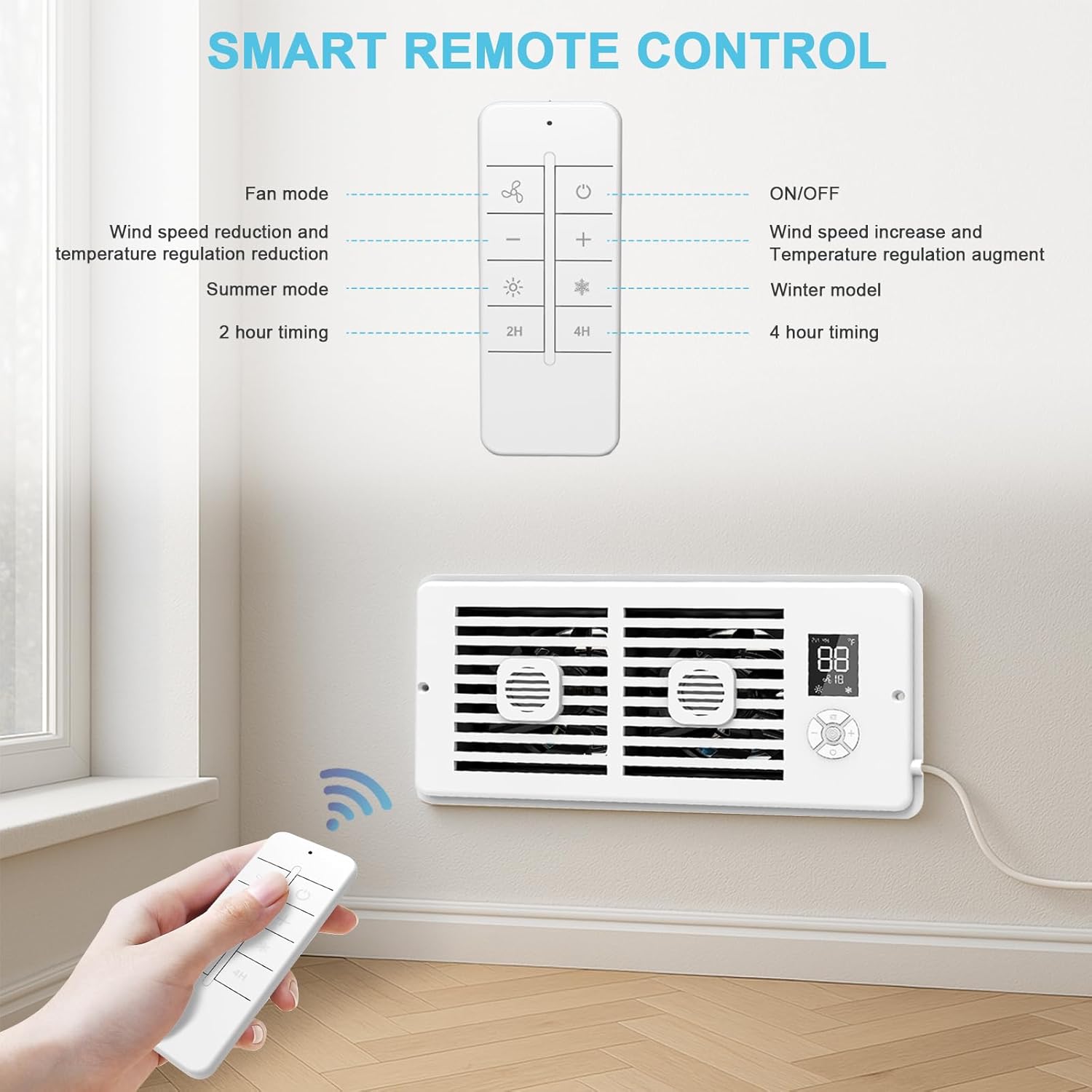 Register Booster Fan for 4" x 10" Vents Only, 10 Speeds to Control Cool & Warm Airflow, Air Conditioning Vents with LED Screen Remote & Thermostat Control, for Room Walls & Floors (White) - Image 5