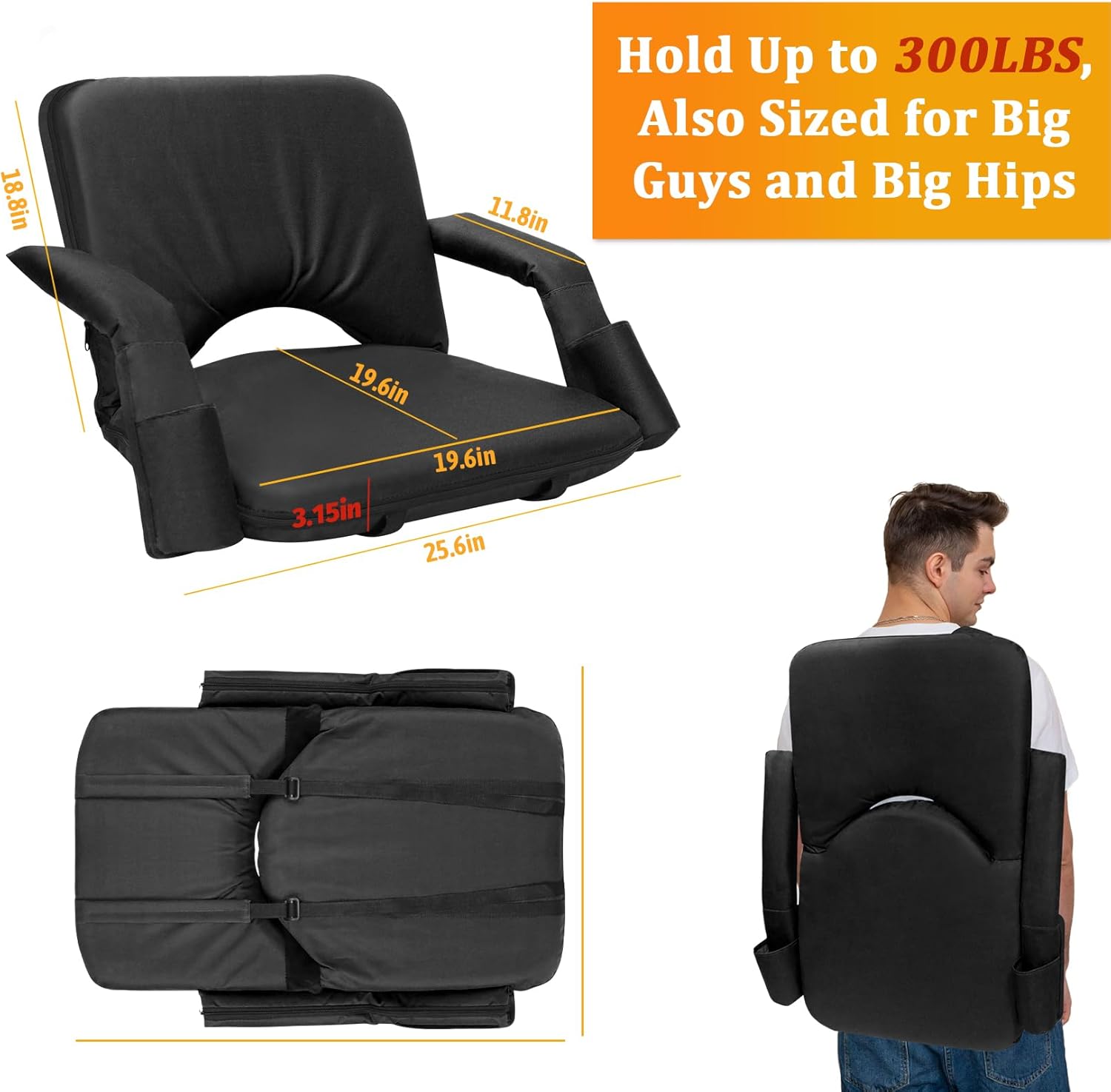 Stadium Seats for Bleachers with Upgraded Armrests and Strong Back Support, Bleacher Seats with Extra Wide Cushion, 6.6LBS Lightweight, 6 Reclining Positions, Floor Chair for Indoor Outdoor (Black)