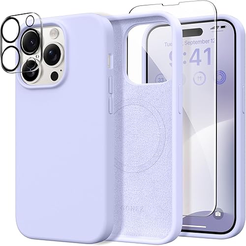 GONEZ Funda de silicona para iPhone 14 Pro Max, compatible con Magsafe, con 2 protectores de pantalla + 2 protectores de lente de cámara, silicona