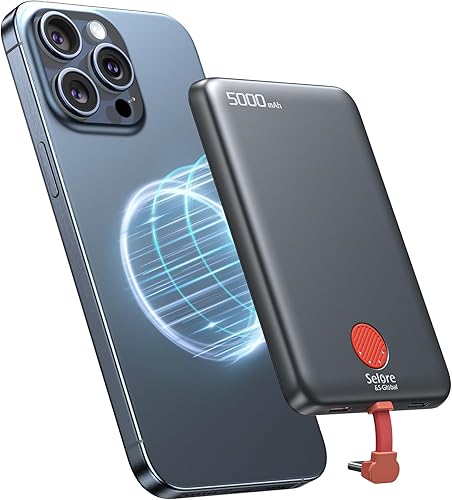 Banco de energía magnético delgado de 5000 mAh, PD 20 W de carga rápida, cargador portátil de tamaño de bolsillo con cable USB C integrado para