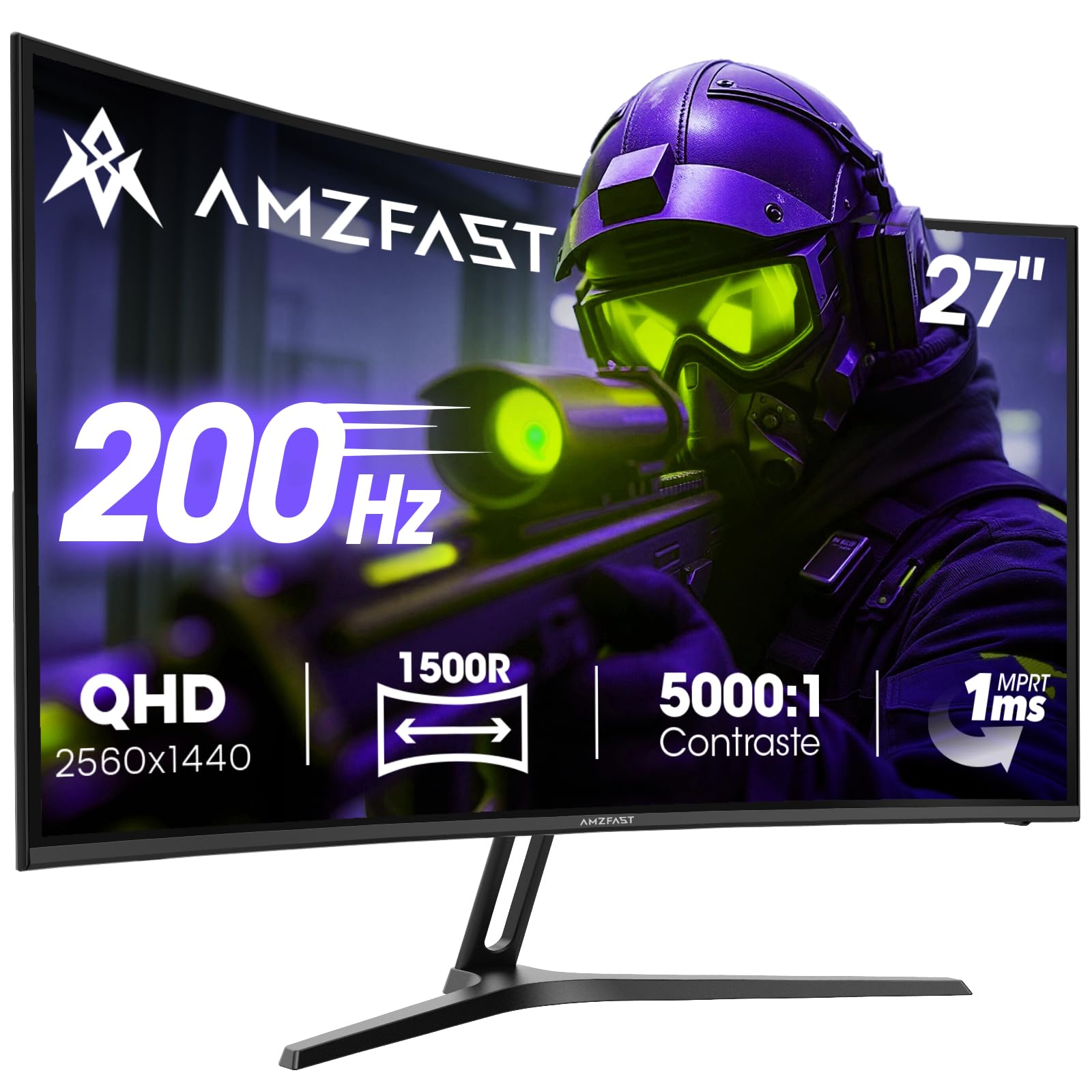 Amzfast Écran PC Gaming 27 Pouces Incurvé, 2K QHD(2560 x 1440), 200Hz Moniteur, 1ms MPRT, 1500R, sRGB 134%, Adpative Sync, HDR400, Eyes-Care,VESA 100 x 100, HDMI 2.0 x 2/DP 1.4 x 2, AMZG27C1Q - 2