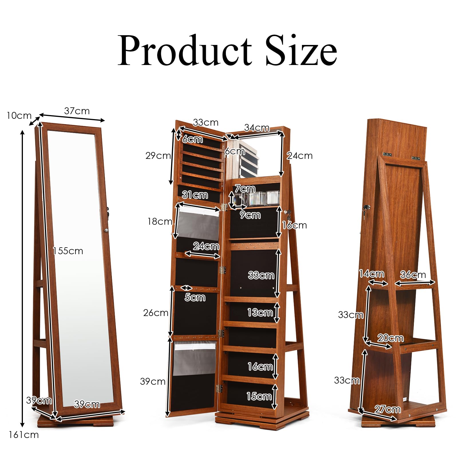 HOMASIS Armoire à bijoux avec miroir et étagère en échelle, pivotant sur 360°, Organisateur de boucles d'oreilles avec crochet à chaîne et fermoir à anneau,39x39x161cm (Marron)
