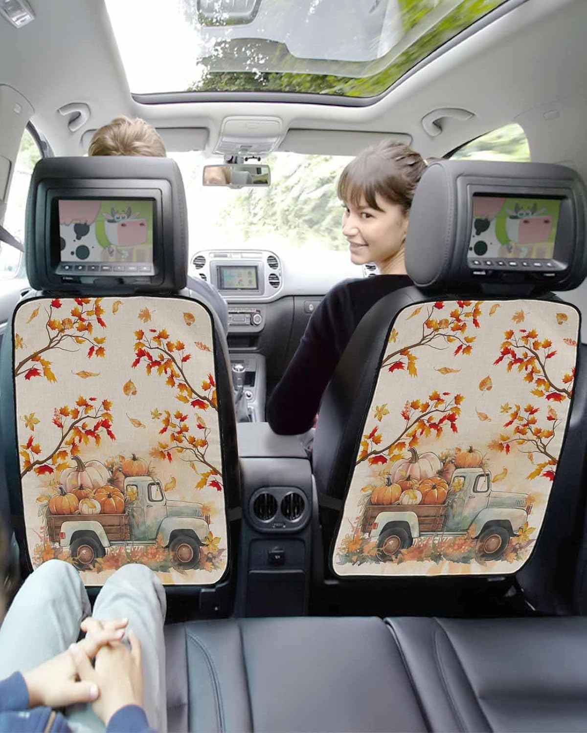 Car Seat Protector, 2 Pack Kick Mats Back Seat Protector Thanksgiving Pumpkin Truck Fall Maple Leaves Linen Texture Waterproof Backseat Cover for Kids Universal Fit Automotive Interior Protectors