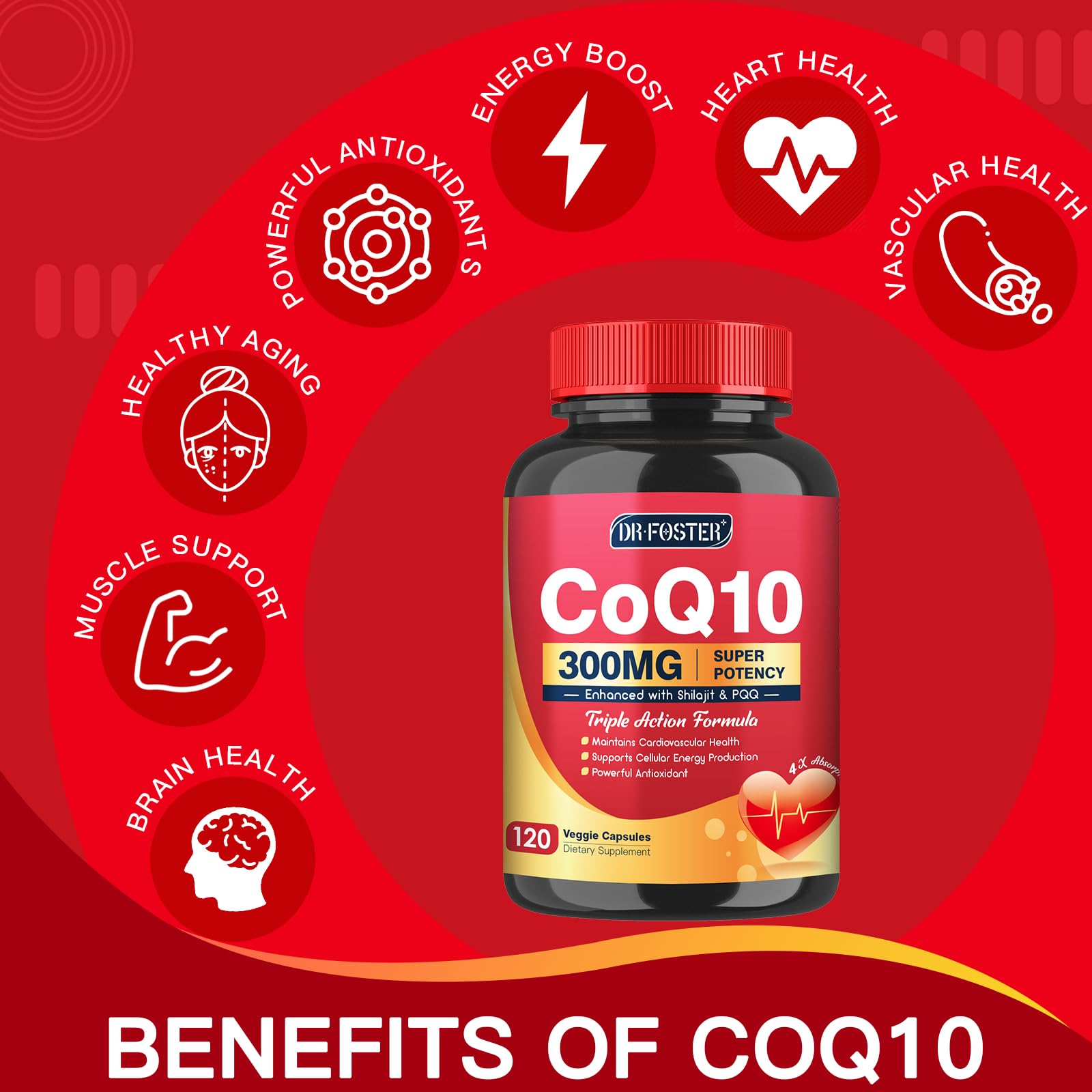CoQ10 300mg with PQQ & Shilajit - Powerful Antioxidant for Heart & Brain Health and Energy Production - High Absorption with Bioperine Coenzyme Q10 Supplements - 120 Capsules