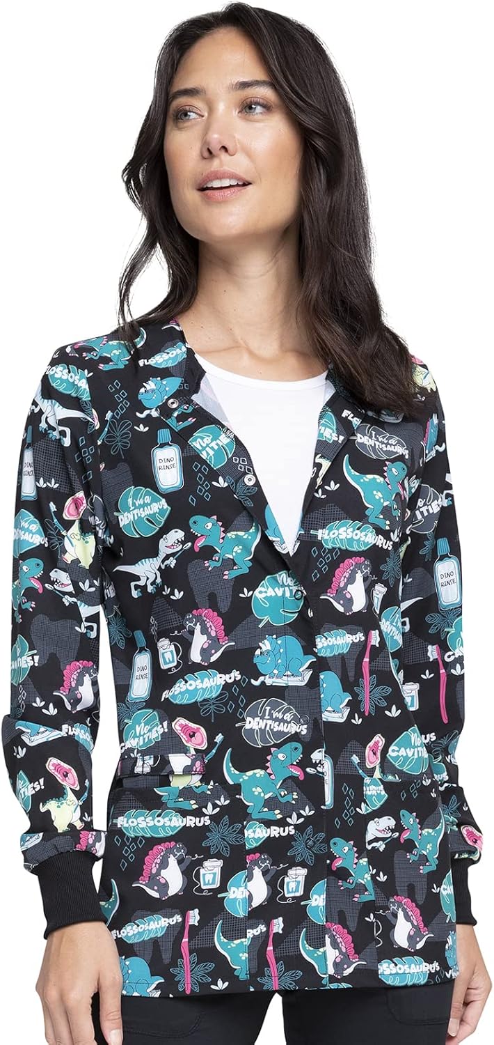 Cherokee Scrub Jackets For Woman Printed Snap Front Modern Classic Fit, 2 Pockets, Rib-Knit Cuffs - CK321