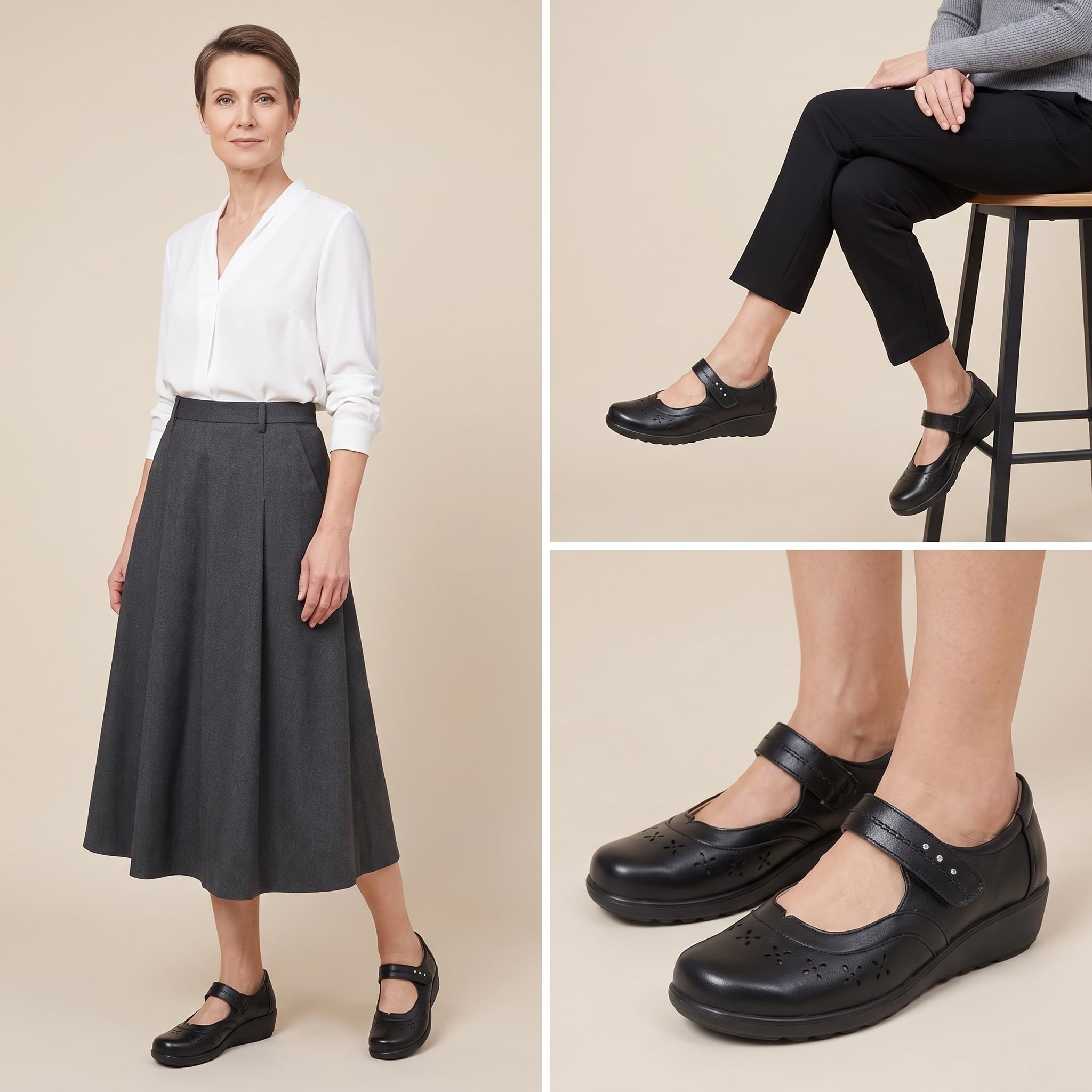 Zapatos Merceditas para Mujeres Merceditas Mujer con Tacón de Cuña Bajo - Cuero Sintético - Negro