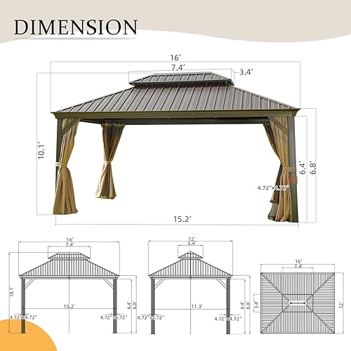 Miniatura 6 de 12' x 16' Hardtop Gazebo Outdoor Aluminum Gazebos Grill with Galvanized Steel Double Canopy for Patios Deck Backyard,Curtains&Netting by domi Marco